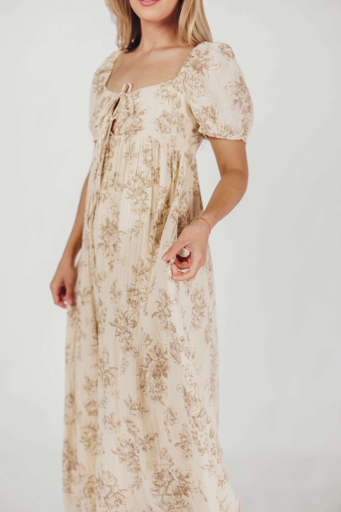 Gentle Look Basic Warm Haven 100% Cotton Tie-Front Maxi Dress in Taupe/Brown Floral - Bump Friendly