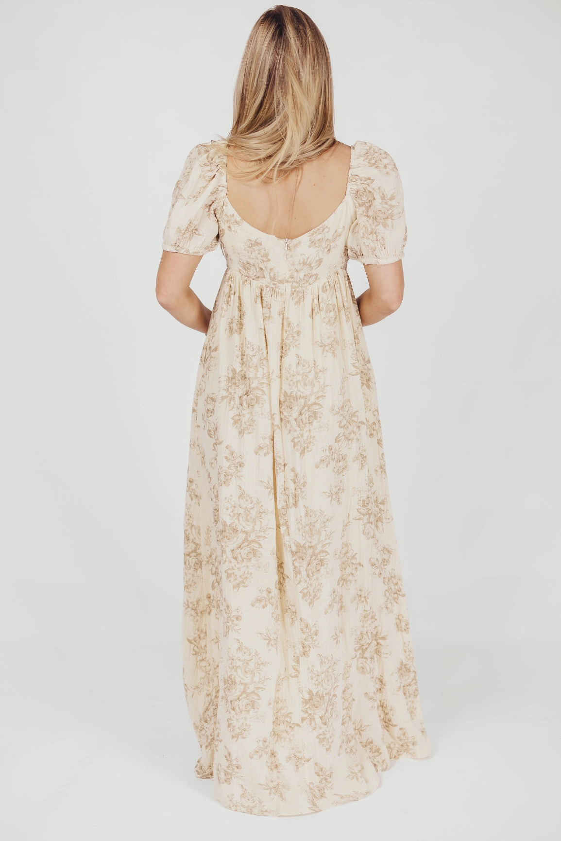 Haven 100% Cotton Tie-Front Maxi Dress in Taupe/Brown Floral - Bump Friendly Tailored Cut Pearl-Detail
