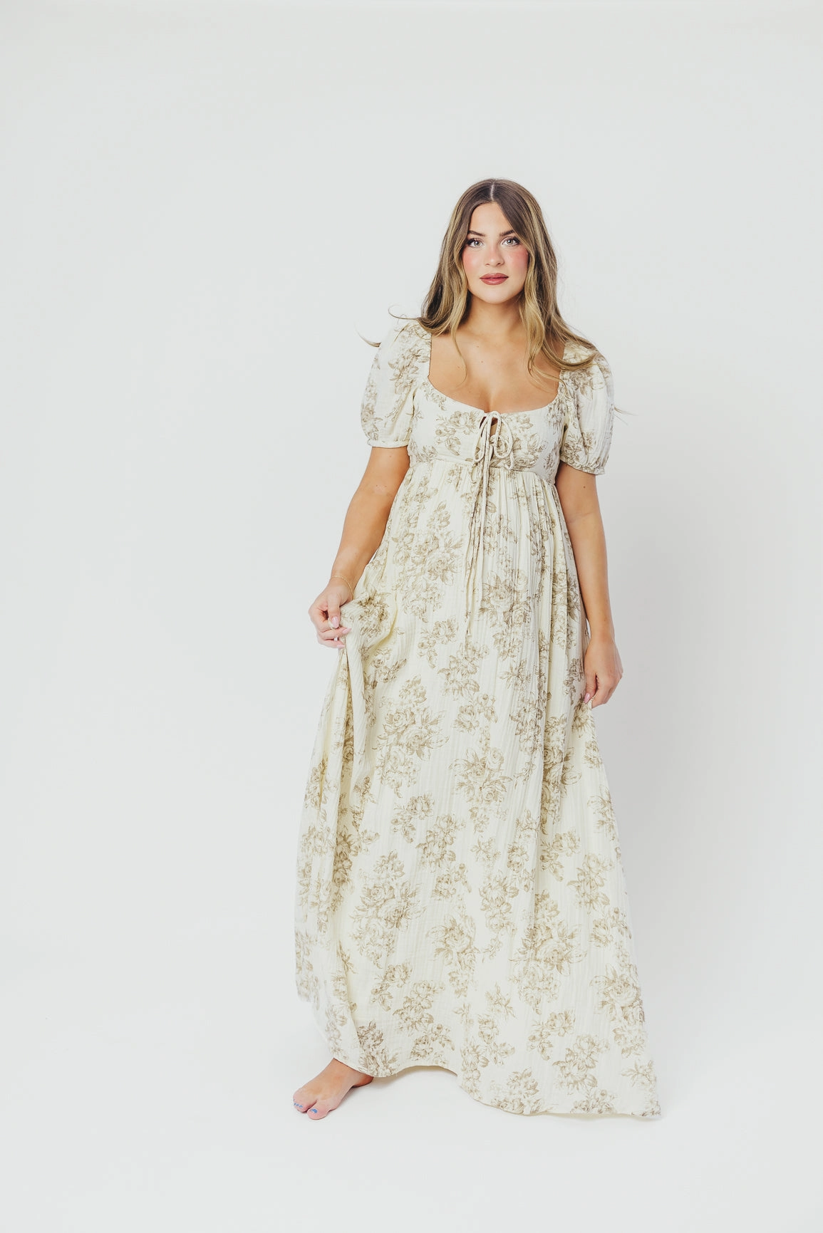Haven 100% Cotton Tie-Front Maxi Dress in Taupe/Brown Floral - Bump Friendly Flattering Cut Wear