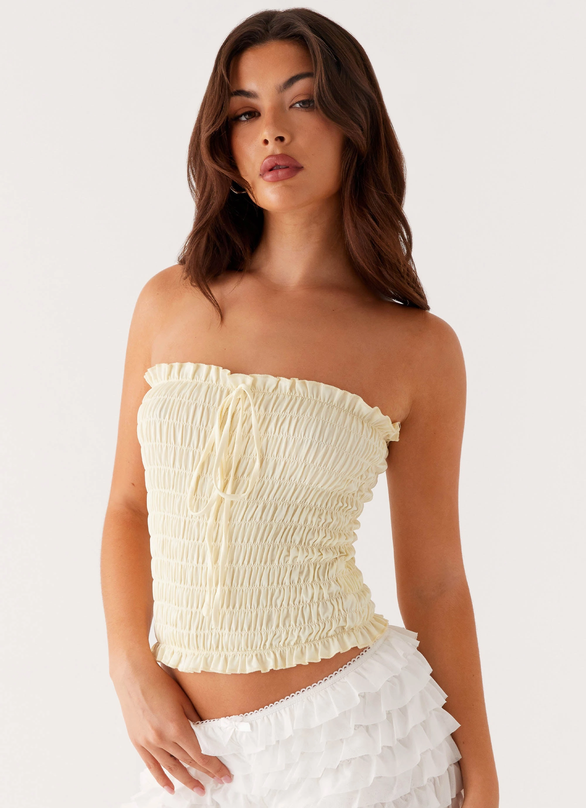 Anti Pill Surface Cordelia Shirred Tube Top - Lemon
