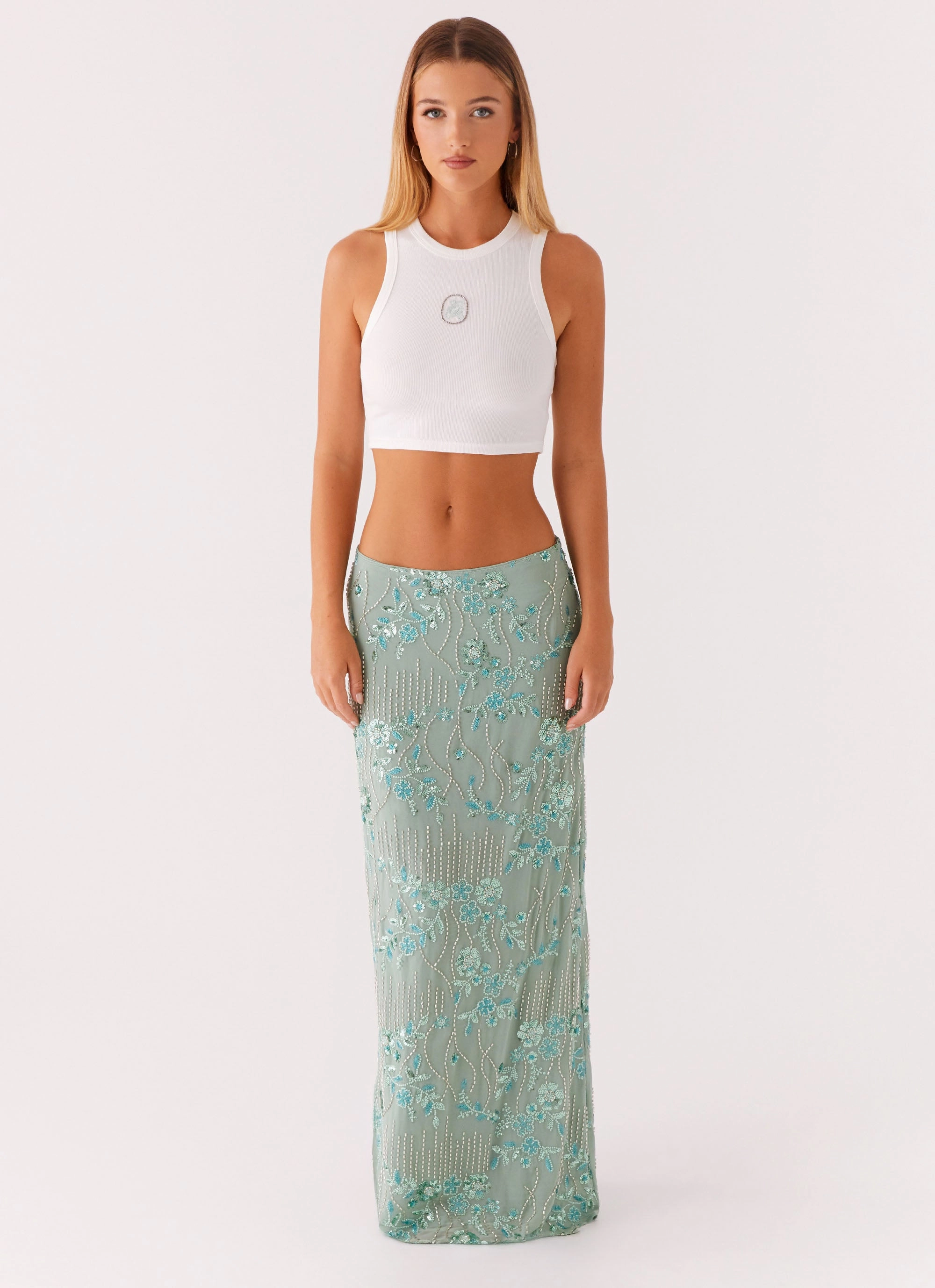 Corinna Low Rise Sequin Maxi Skirt - Mint Minimalist Trim