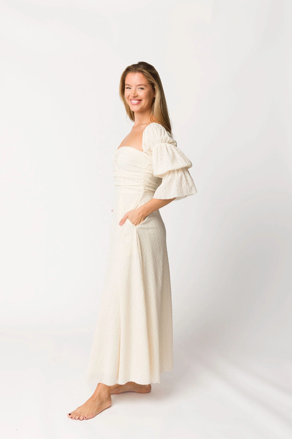 Corrine Tiered Sleeve Maxi Dress in Ivory Cream Air Touch