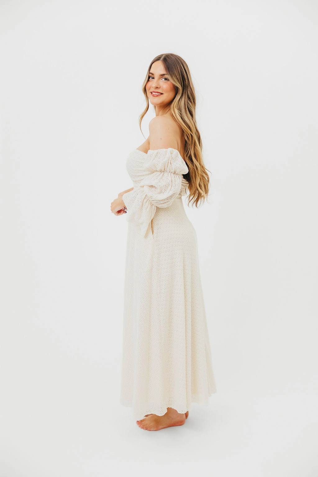 Corrine Tiered Sleeve Maxi Dress in Ivory Cream vacation look Mood Comfort