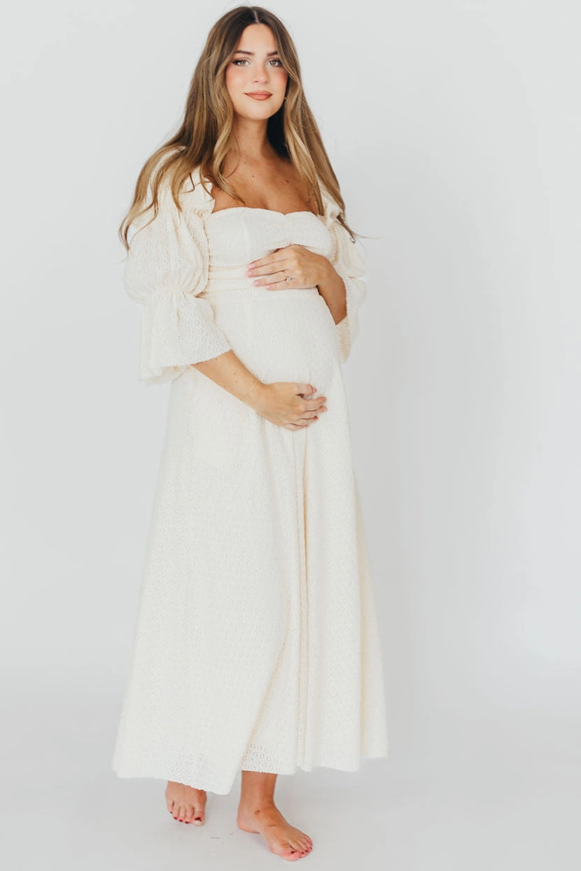 Timeless Waistband Fit Frayed-Edge Corrine Tiered Sleeve Maxi Dress in Ivory Cream