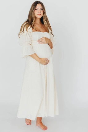 Timeless Waistband Fit Frayed-Edge Corrine Tiered Sleeve Maxi Dress in Ivory Cream