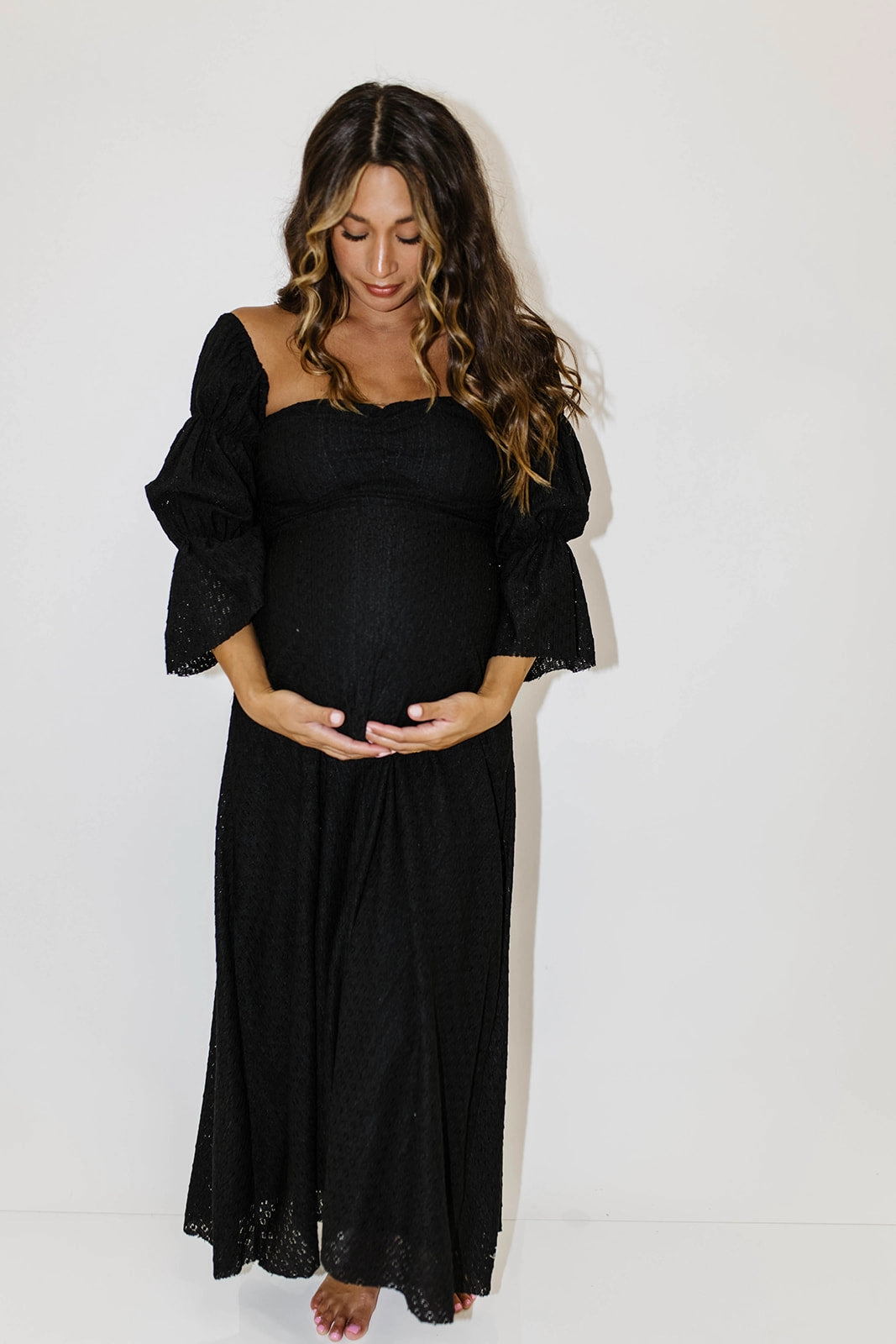 Corrine Tiered Sleeve Maxi Dress with Pockets in Black - Bump Friendly Radiant Mood Fluid Shape