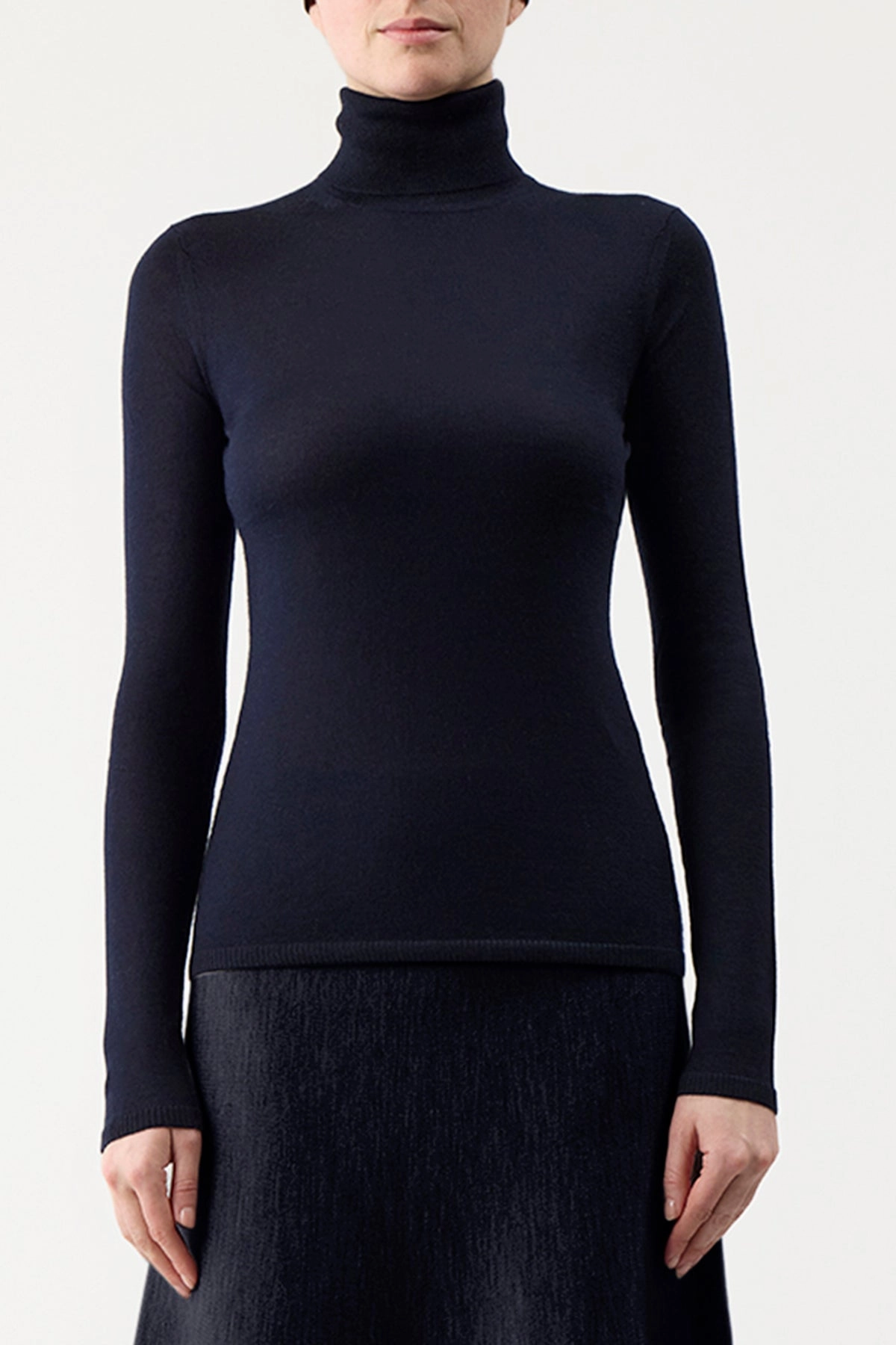 Costa Knit Turtleneck in Dark Navy Cashmere Silk Spandex Integration Colorfast Technology