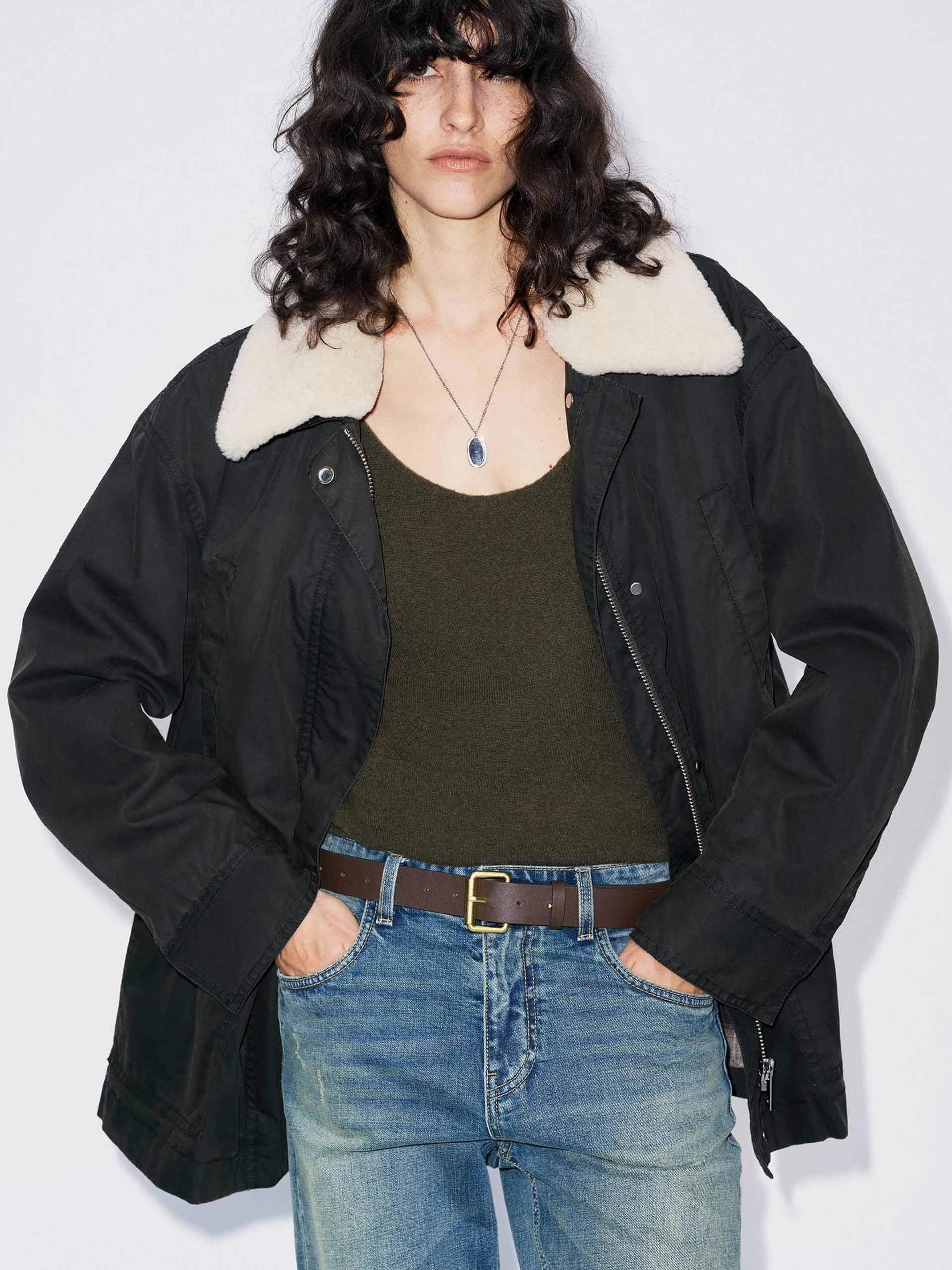 Cotton Blend Fur Collar Coat snap closure Layered Cuff System