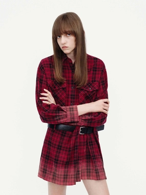Cotton Plaid Shirt Dress Side-Slit Cozy Style