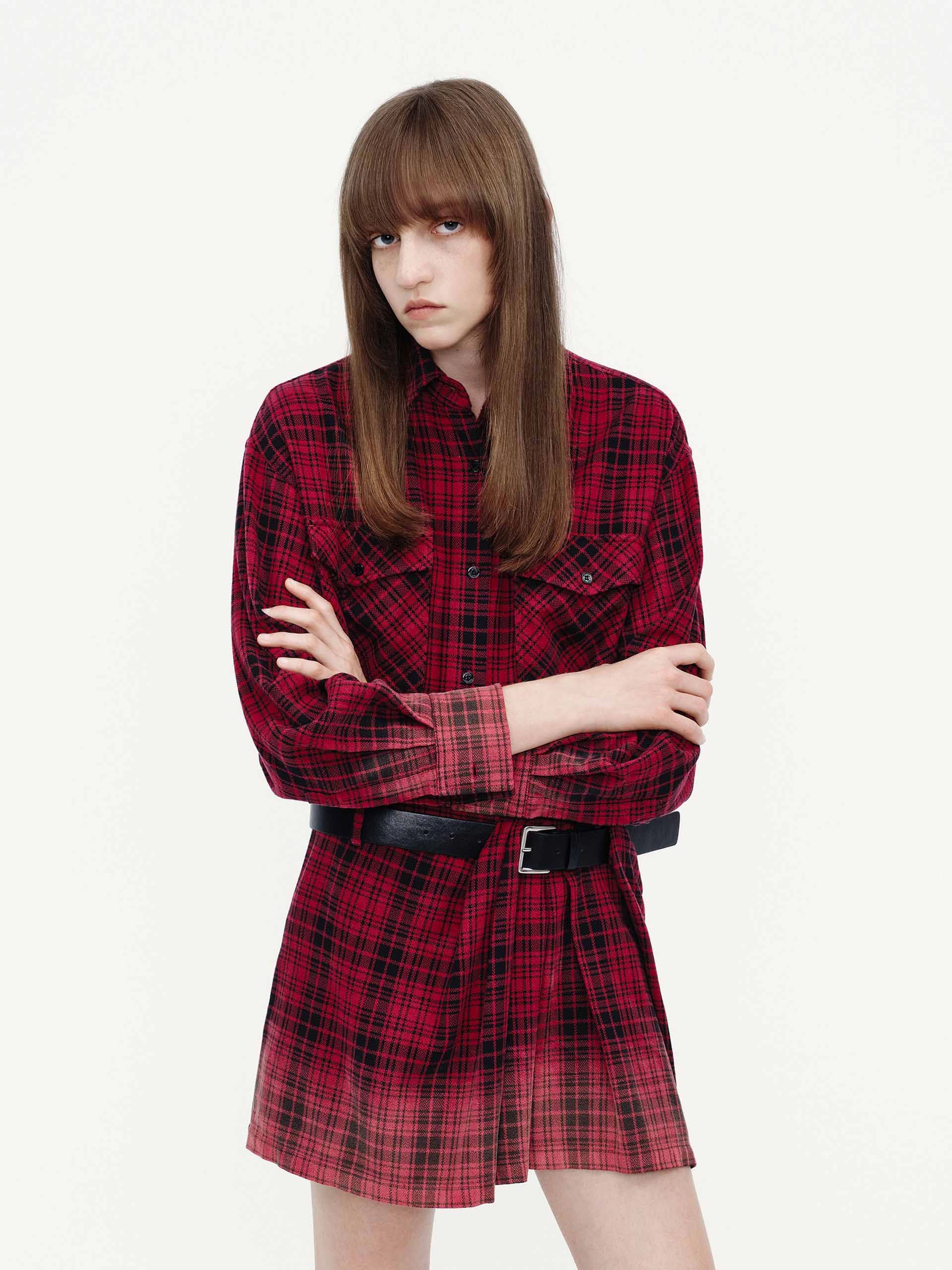 Minimal Tone Cotton Plaid Shirt Dress