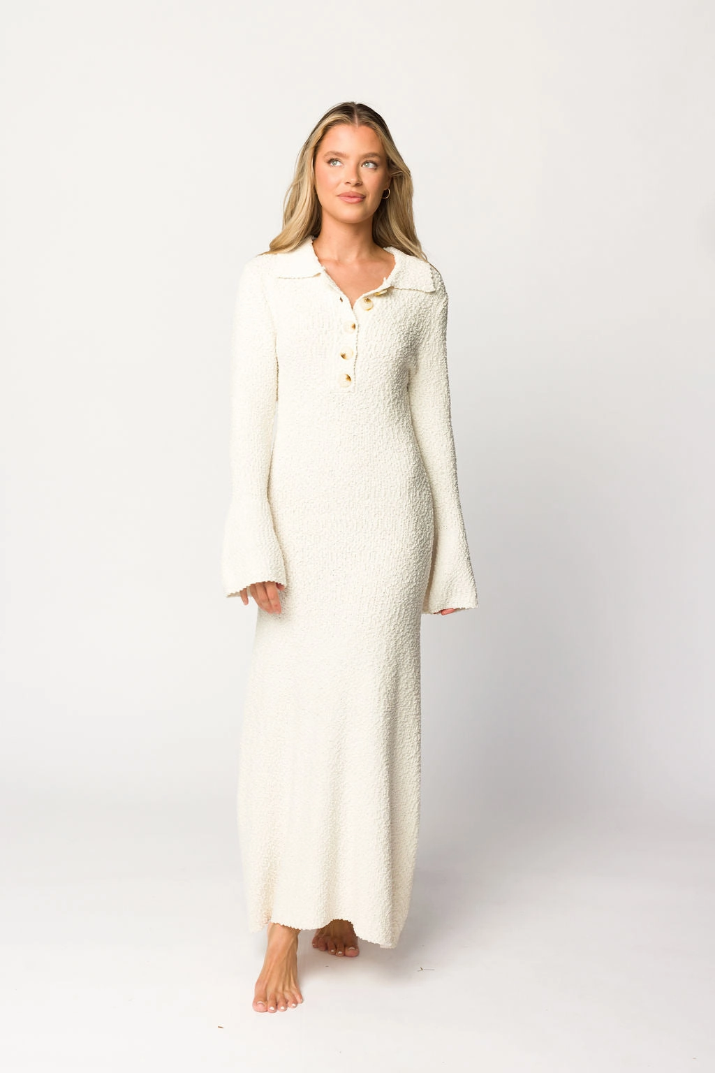 Applique-Detail Courtney Boucle Maxi Shirt Dress in Cream- Nursing Friendly