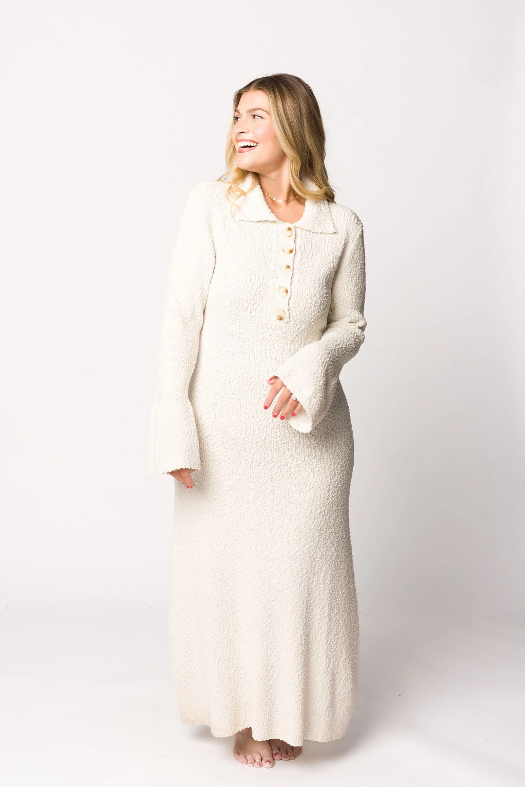 Courtney Boucle Maxi Shirt Dress in Cream- Nursing Friendly Modern Silhouette Fresh Glow