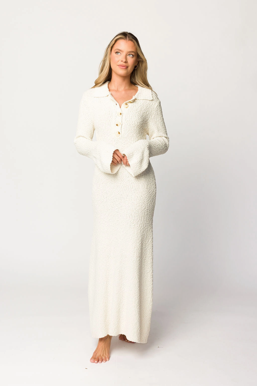 Body Positive Fall Layer Courtney Boucle Maxi Shirt Dress in Cream- Nursing Friendly