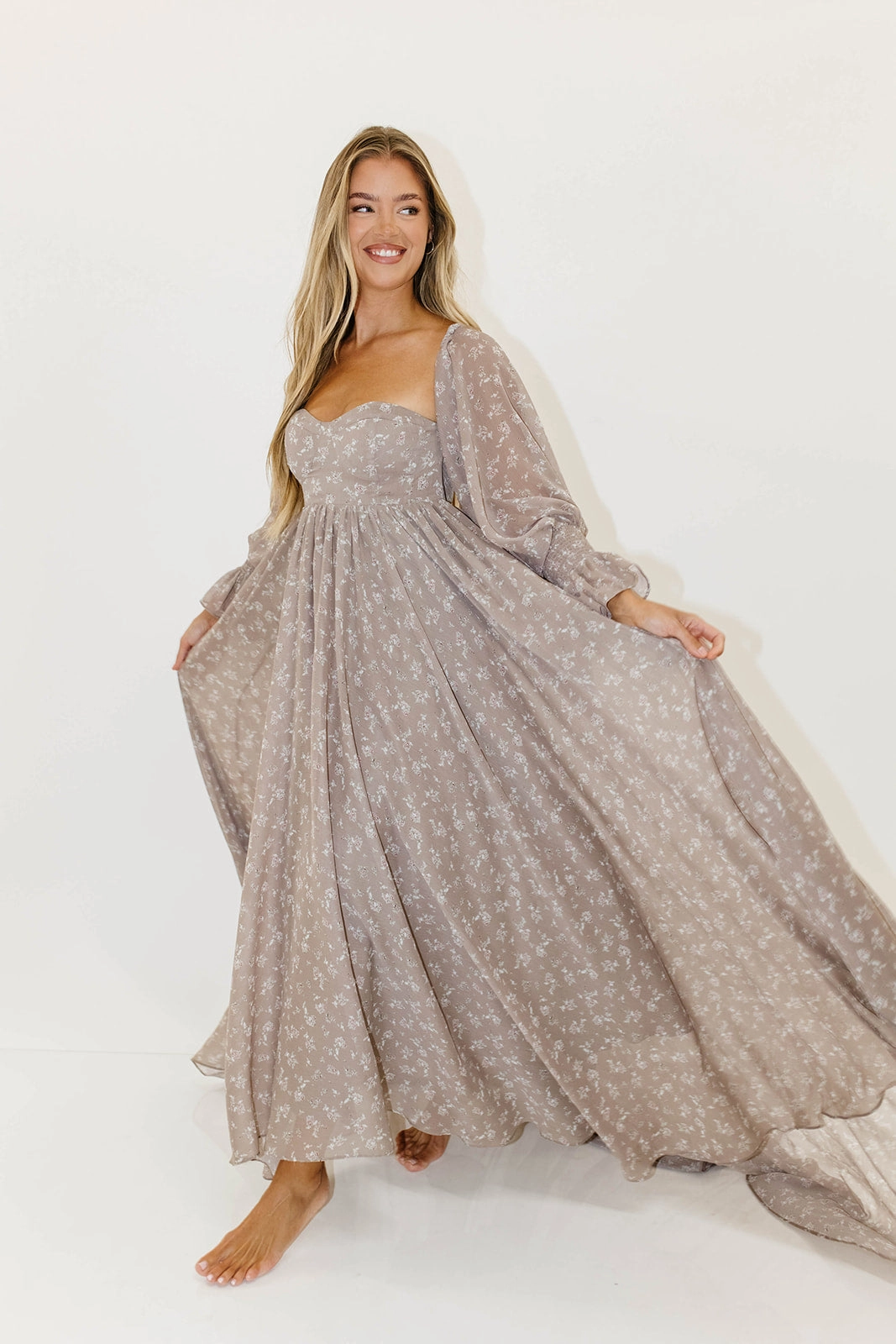 light layering Delilah Maxi Dress with Train in Taupe - Bump Friendly - Sold Out Sizes Restocking in Nov