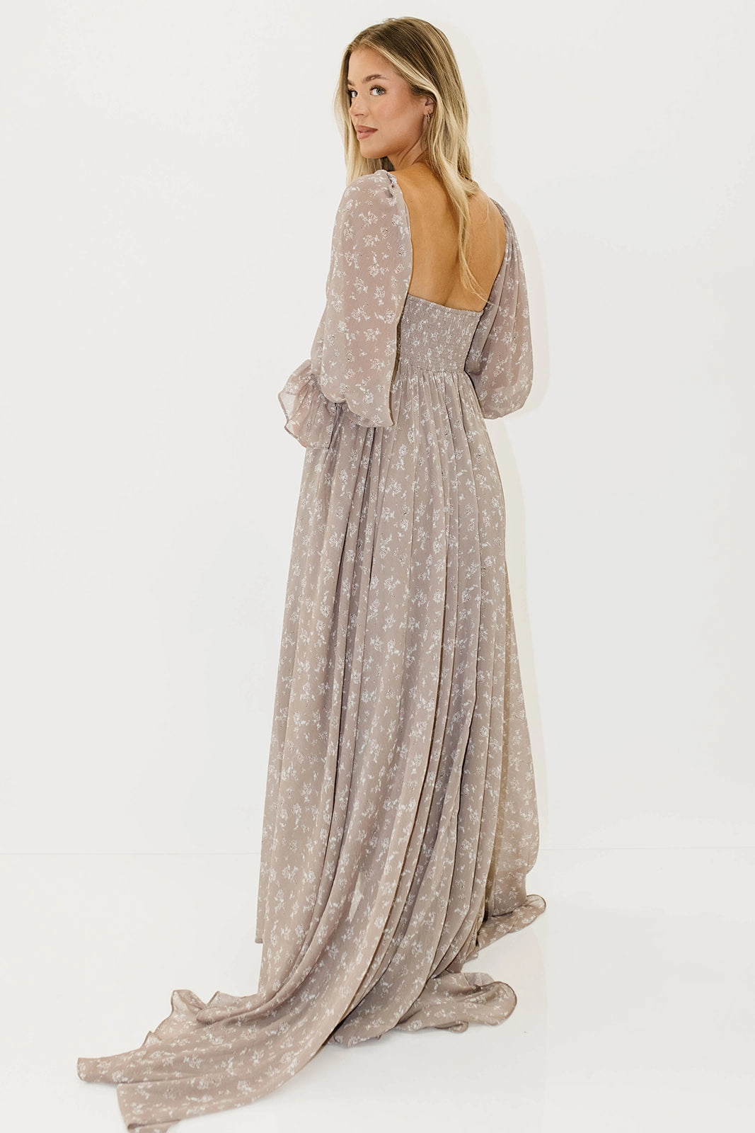 Minimal Tone Delilah Maxi Dress with Train in Taupe - Bump Friendly - Sold Out Sizes Restocking in Nov