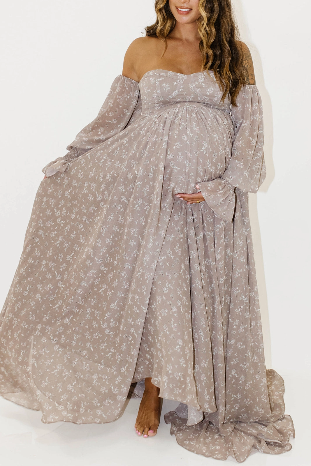 Comfortable and Fashionable Delilah Maxi Dress with Train in Taupe - Bump Friendly - Sold Out Sizes Restocking in Nov