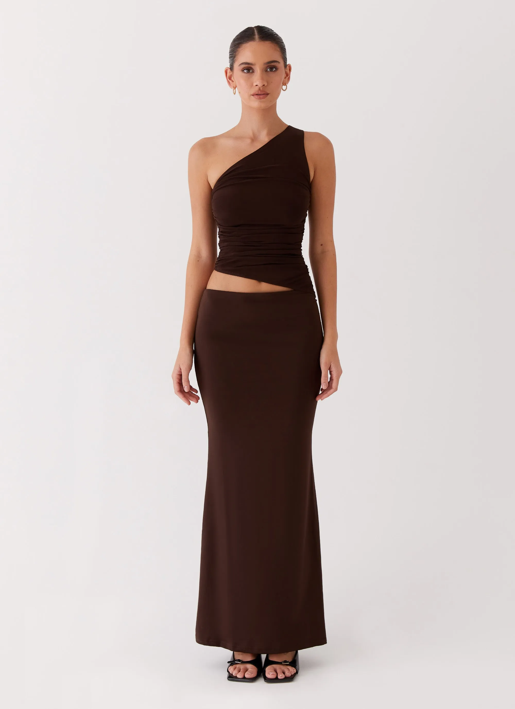 Stain-Resistant Seranella One Shoulder Maxi Dress - Chocolate