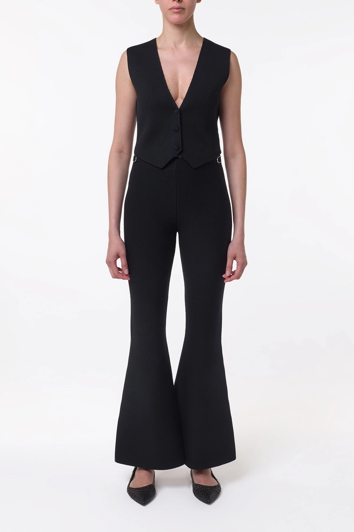 Cold Day Seasonal Wear Ayala Flare Cropped Knit Pant in Black Merino Wool Cashmere