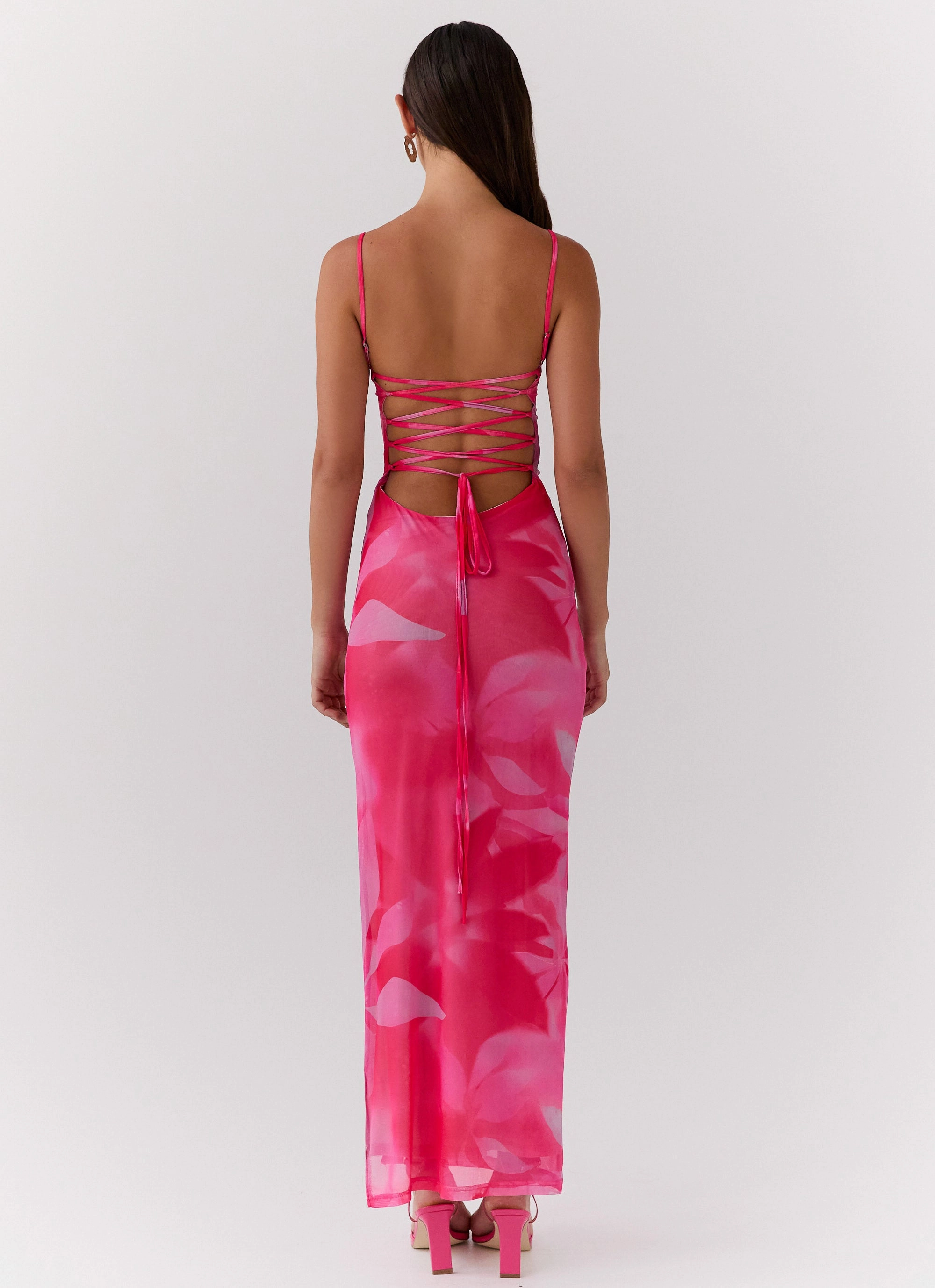 Life In Pink Maxi Dress - Abstract Bloom Sharp Detail Zip Closure