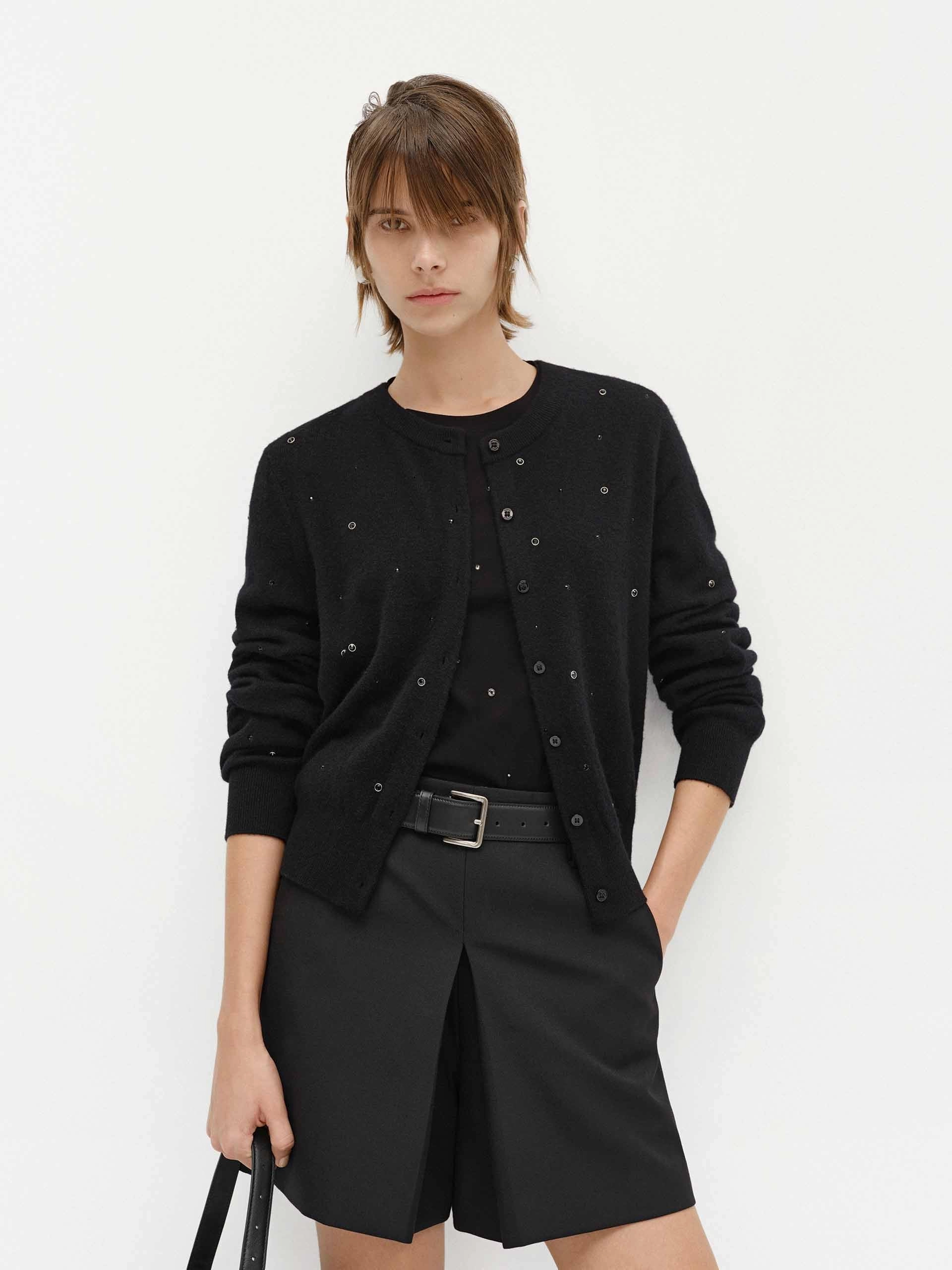 Crew Neck Crystal Cardigan Flexible Side Gusset