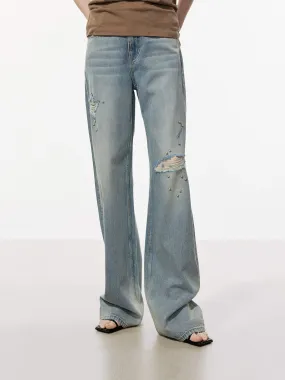 Articulated Knee Shape Beading Detail Ripped Jeans