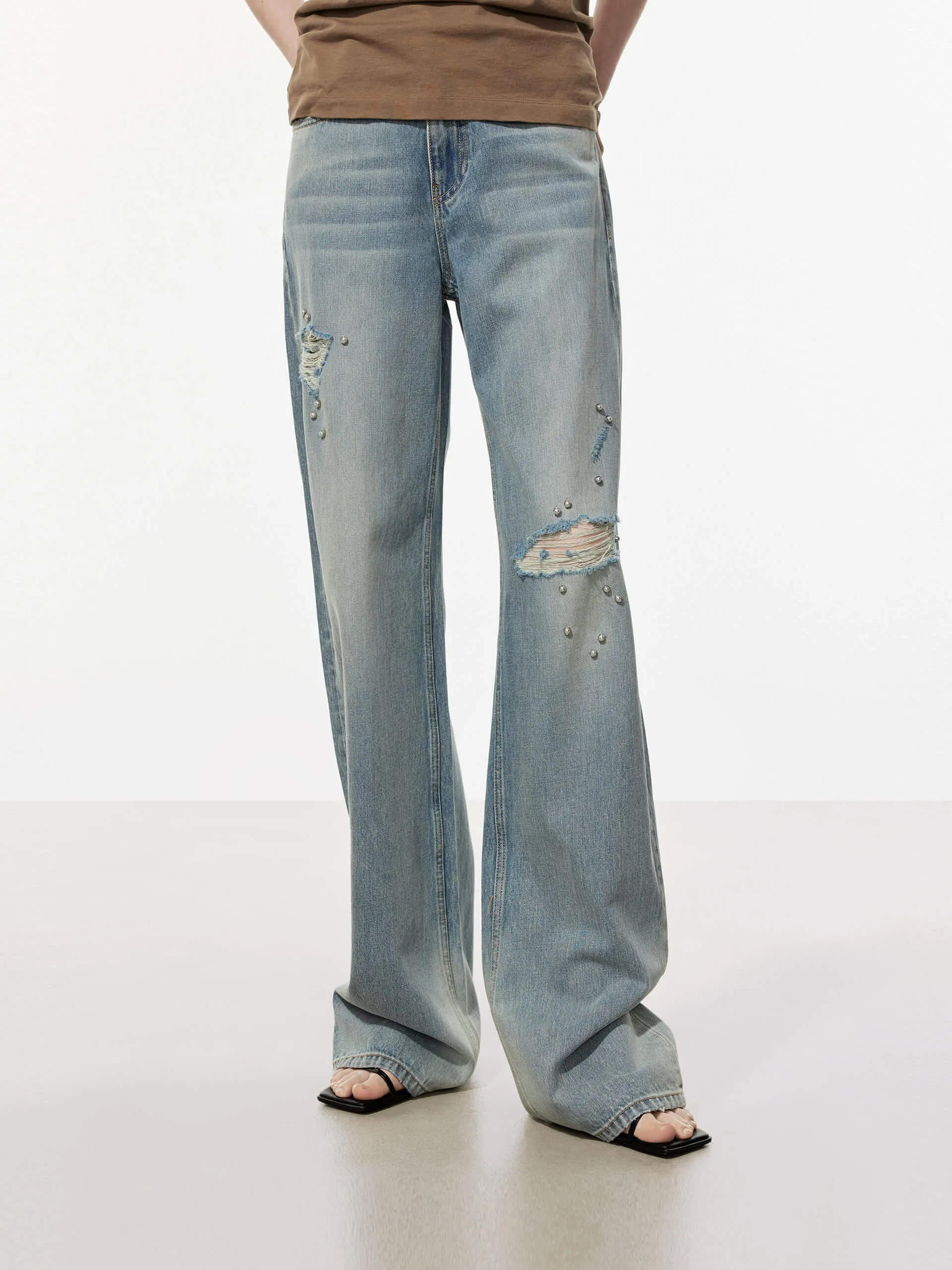 Edgy Design Beading Detail Ripped Jeans