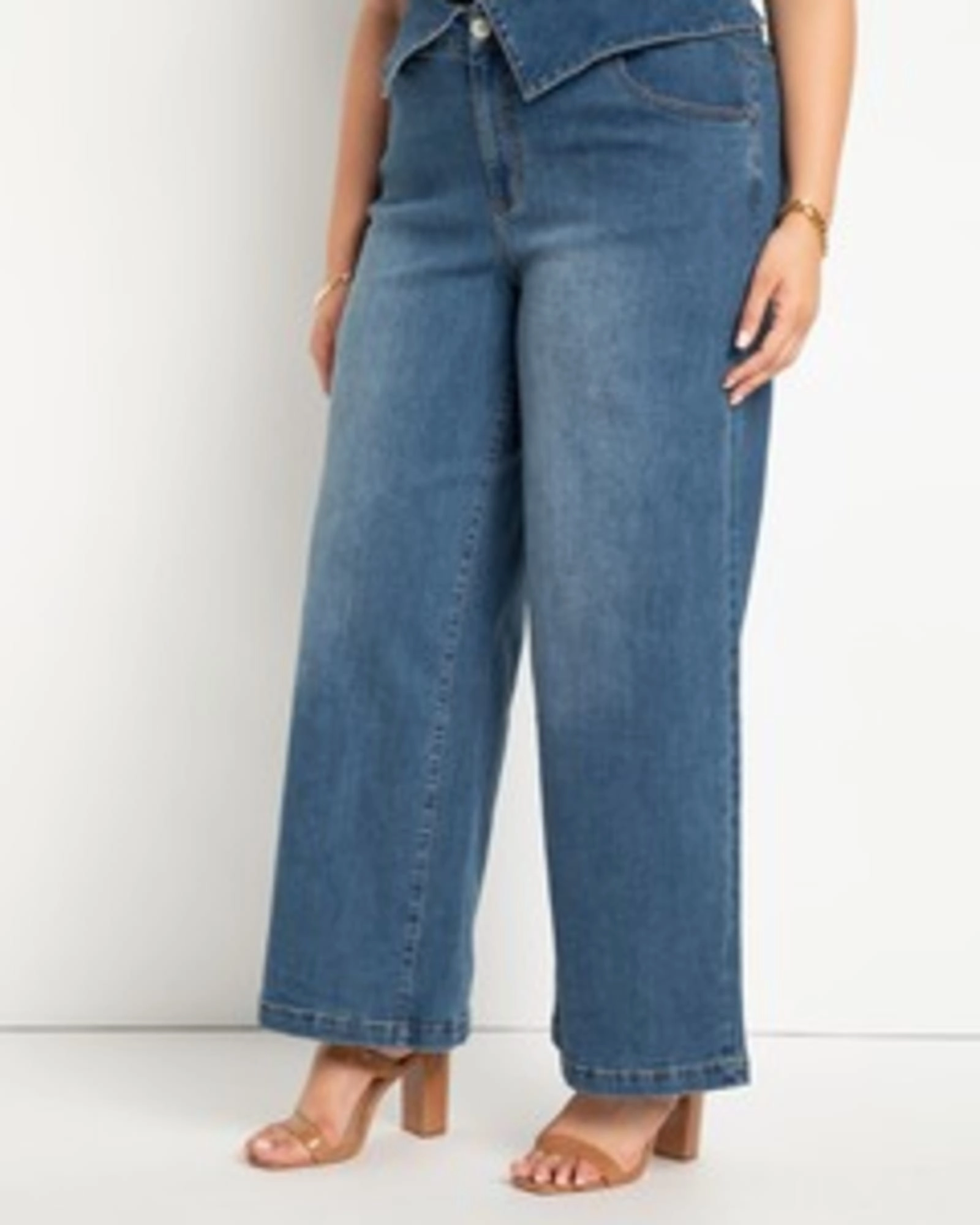 Myra Foldover Waistband Jean | Dark Medium Wash Elegant Vibrant Textured