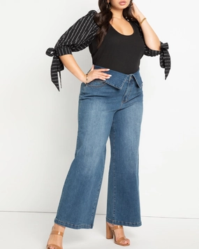 Myra Foldover Waistband Jean | Dark Medium Wash Night Out City Walk Minimalist