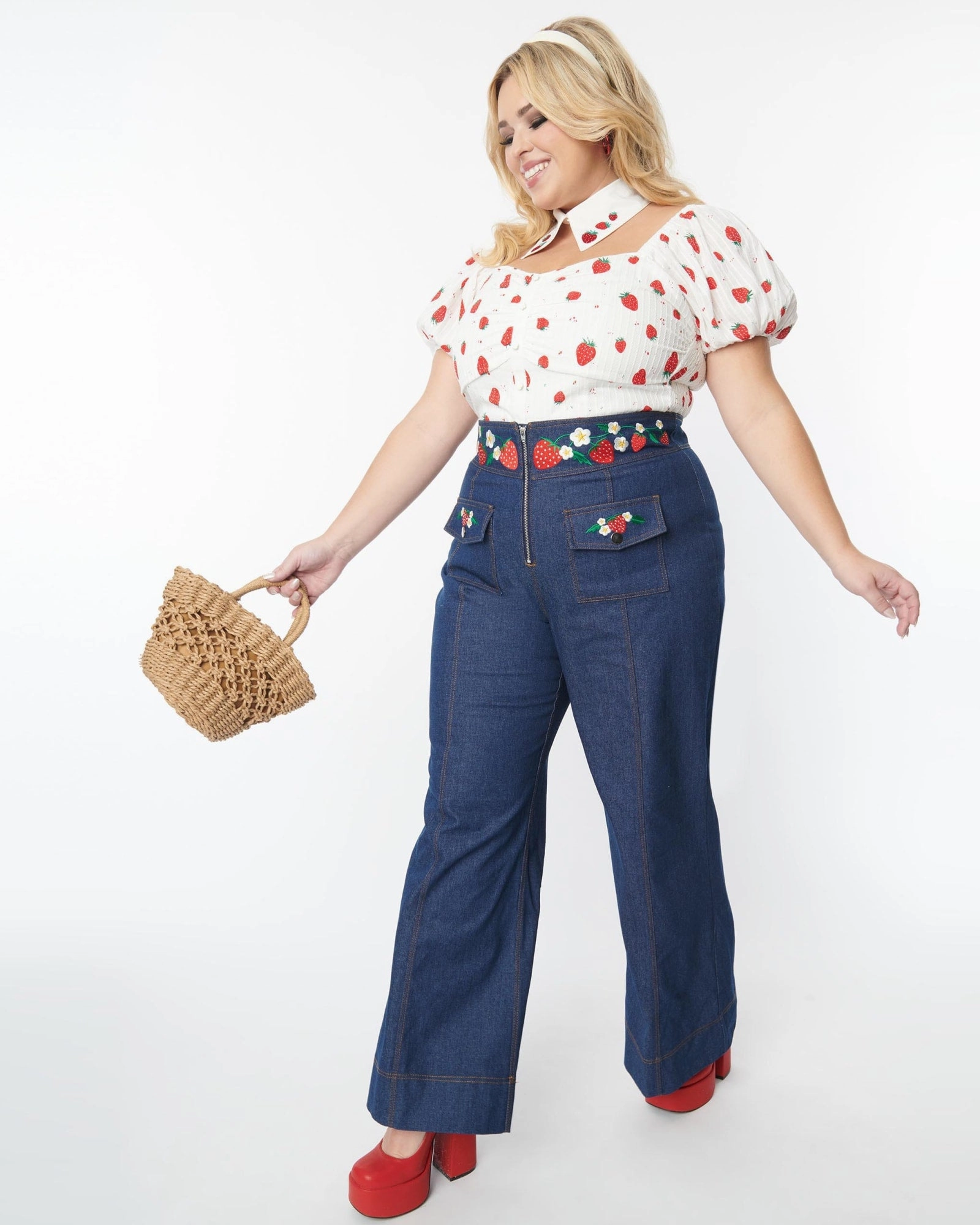 Smak Parlour Plus Size Strawberry Blossom Embroidered Denim Wide Leg Pants | Dark Denim Simple Fashion Trend Setter Home Comfort