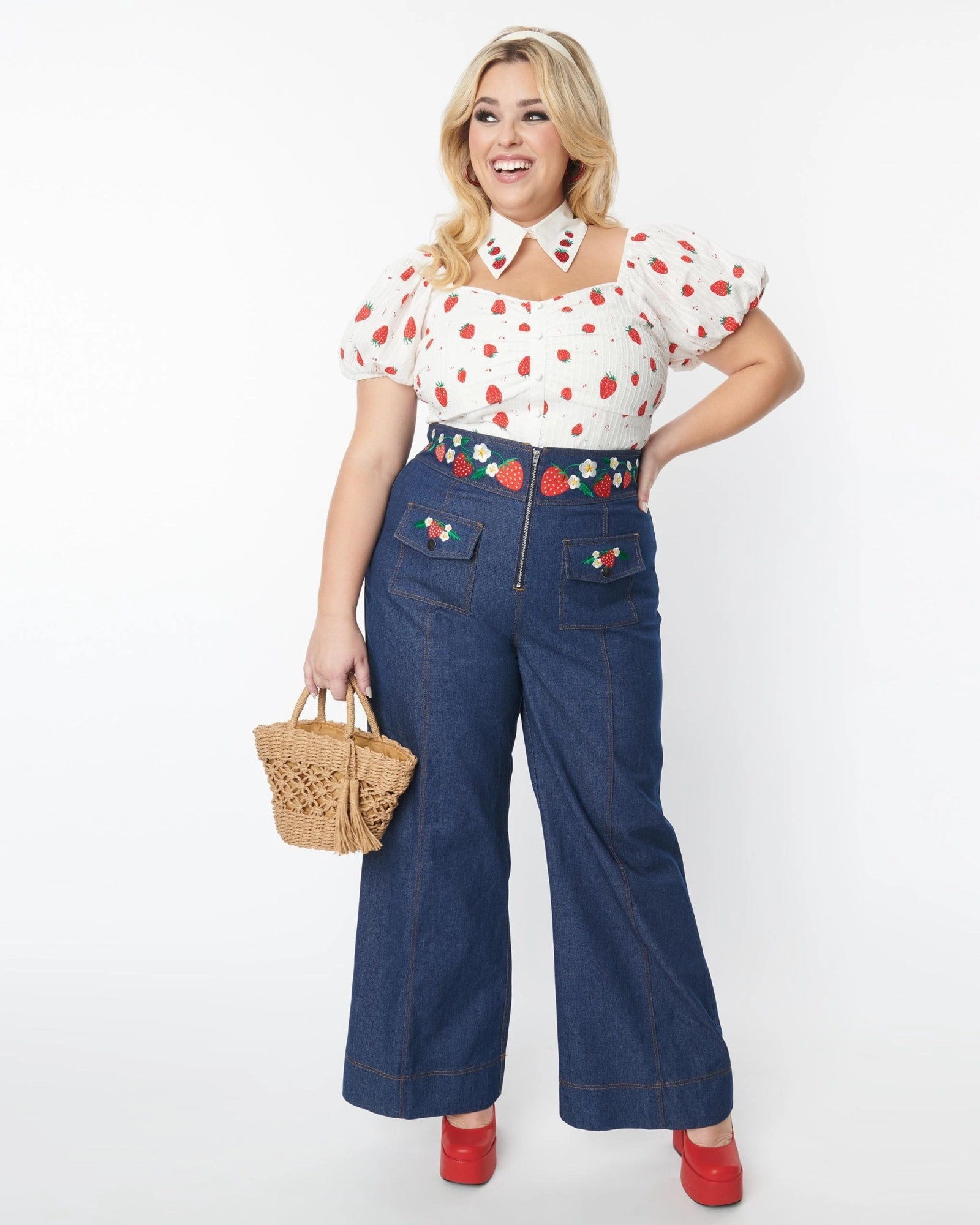 Smak Parlour Plus Size Strawberry Blossom Embroidered Denim Wide Leg Pants | Dark Denim Slim Family Style Daily Wear Trend Setter Road Trip Casual