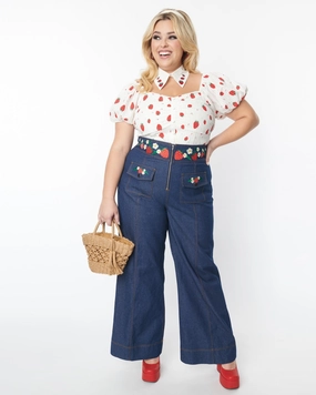 Smak Parlour Plus Size Strawberry Blossom Embroidered Denim Wide Leg Pants | Dark Denim Slim Family Style Daily Wear Trend Setter Road Trip Casual