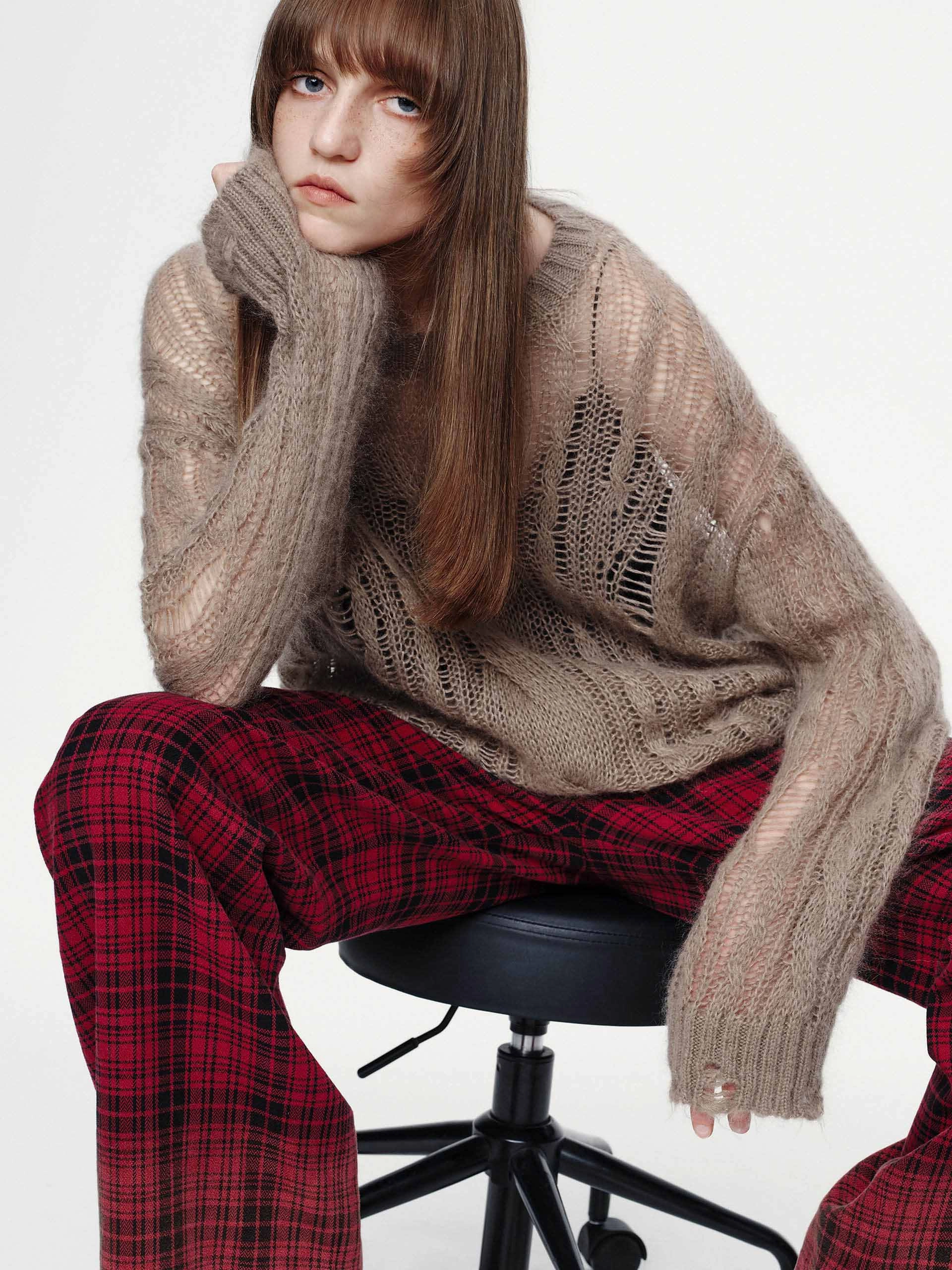 Crochet Raw Hem Sweater Microfiber softness Breathable Mesh Paneling