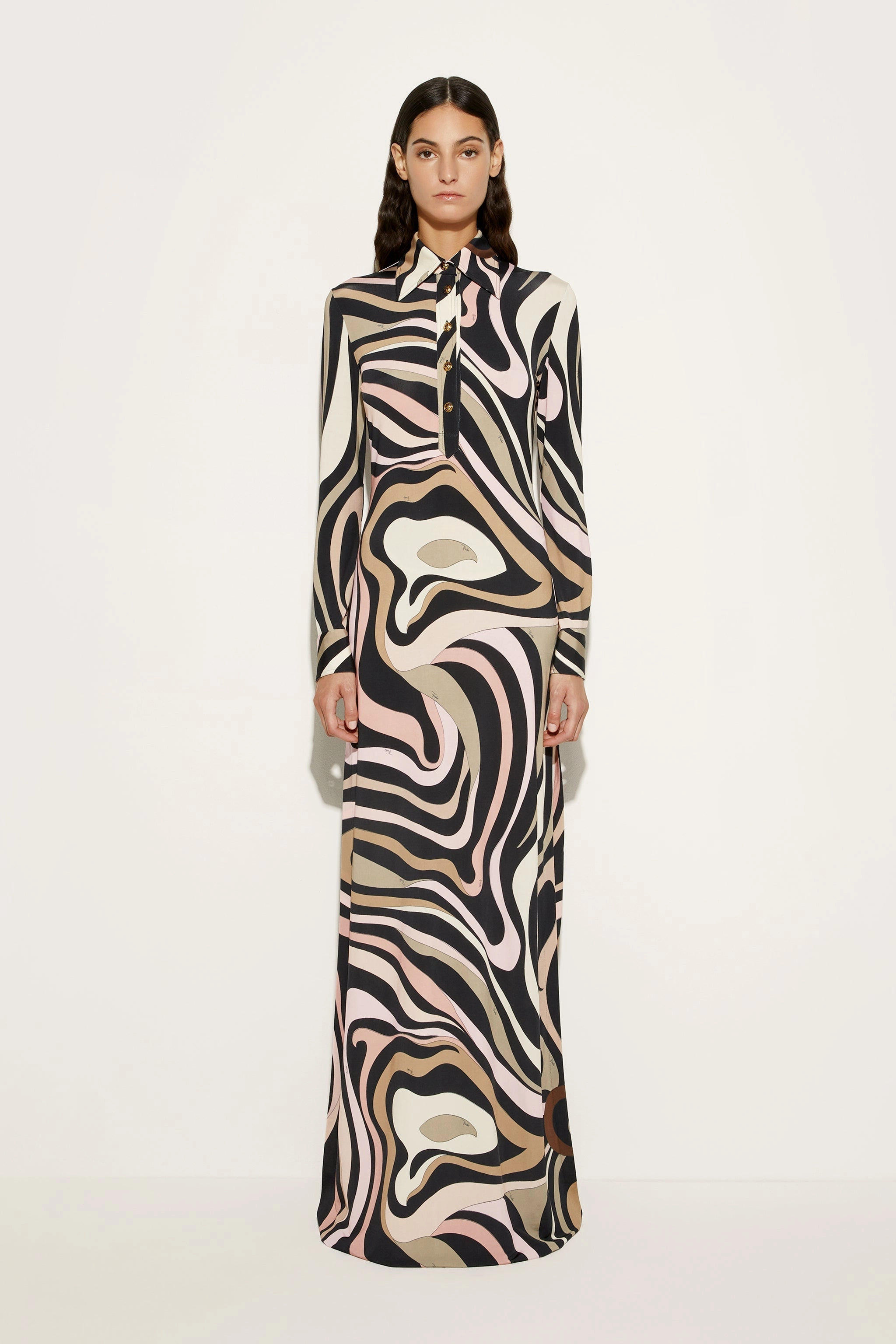 Marmo Print Long Straight Fitted Dress Minimal Fit Relaxed day dress