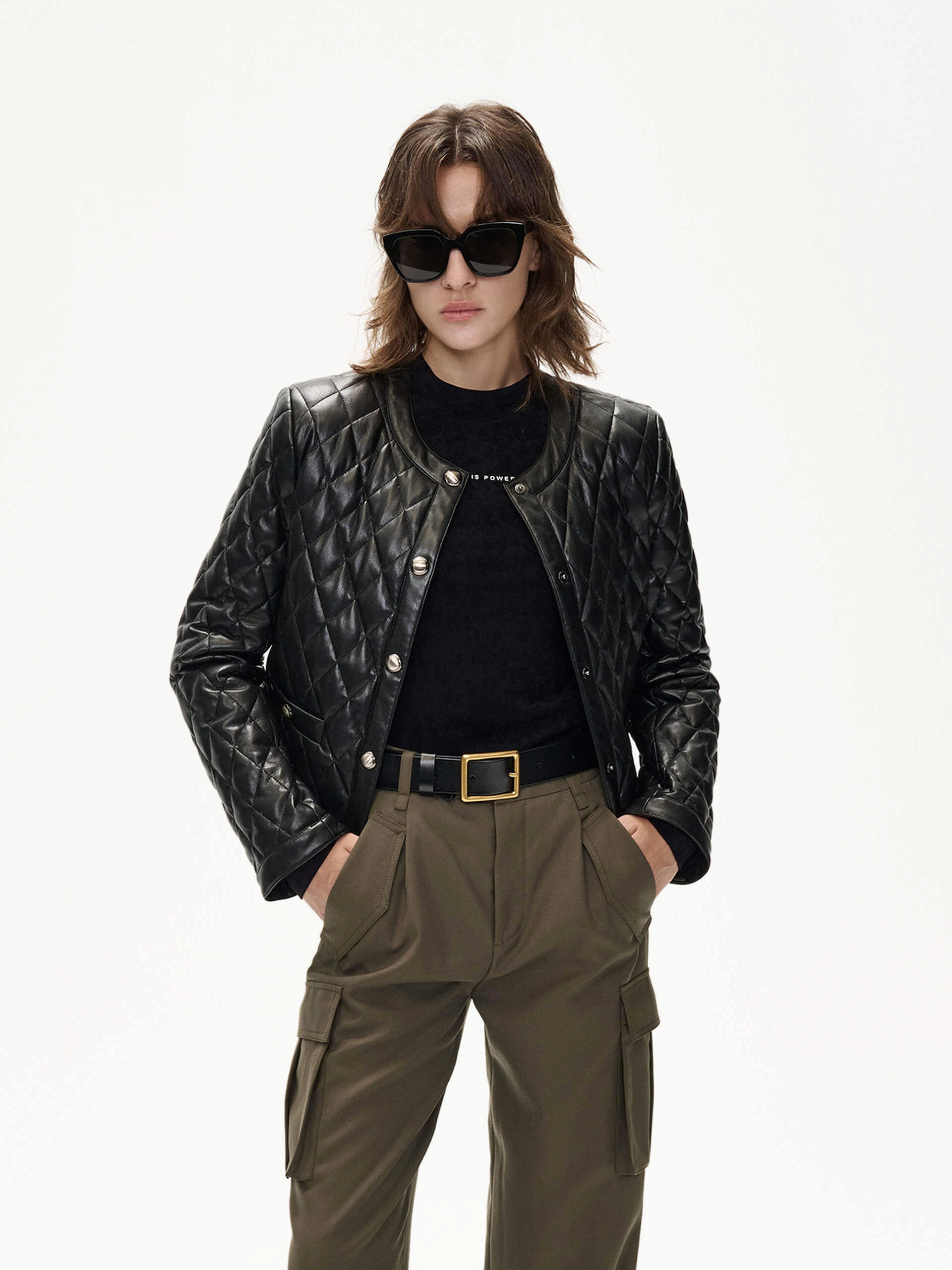 Cropped Leather Puffer Jacket Windproof Construction Waterproof Technology