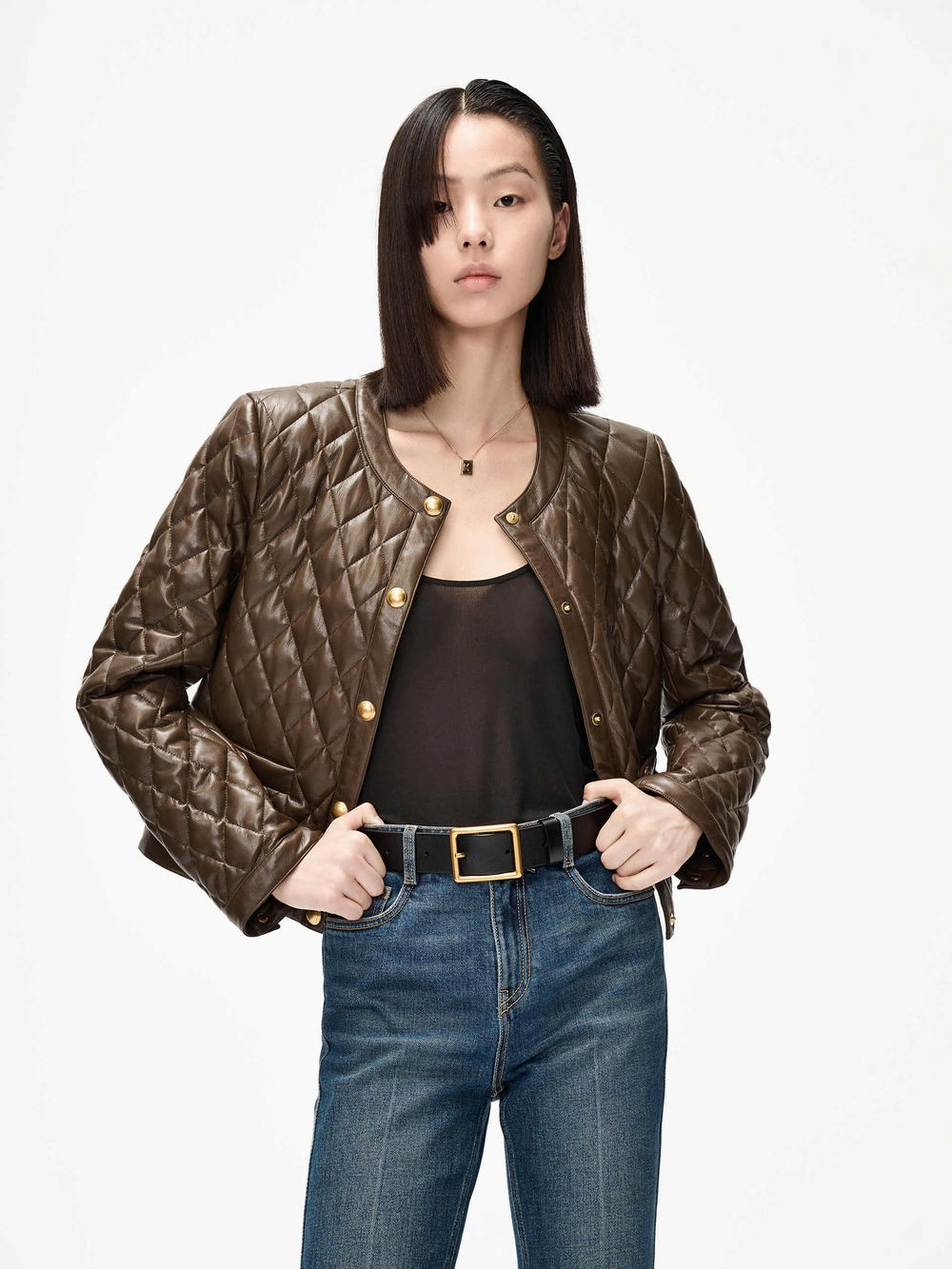 Cropped Leather Puffer Jacket Elasticized Edging Subtle Design Detail