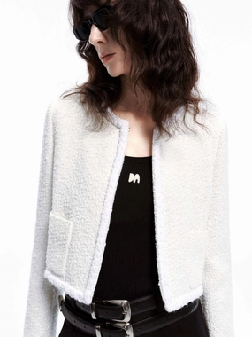 Neutral Street Style Cropped Tweed Texture Jacket