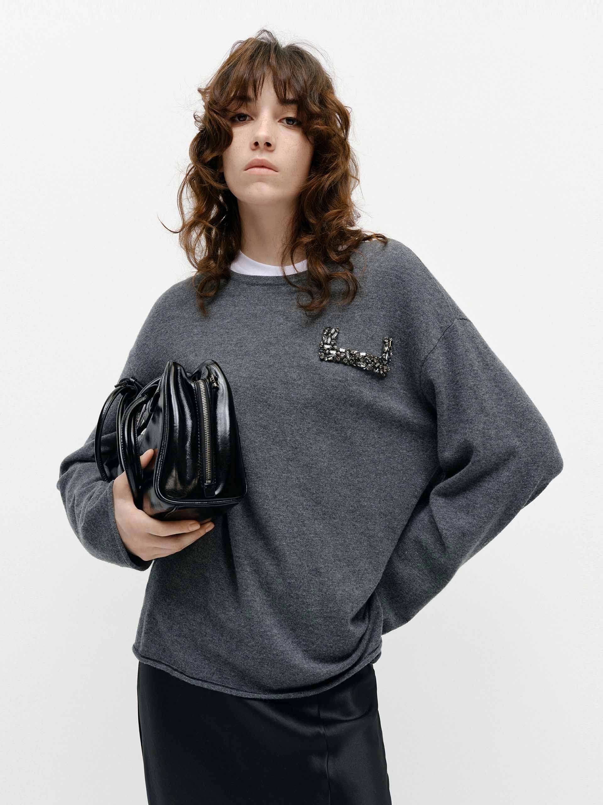 Ribbed Trim Chunky Cable Pattern Crystal Detail Loose Sweater