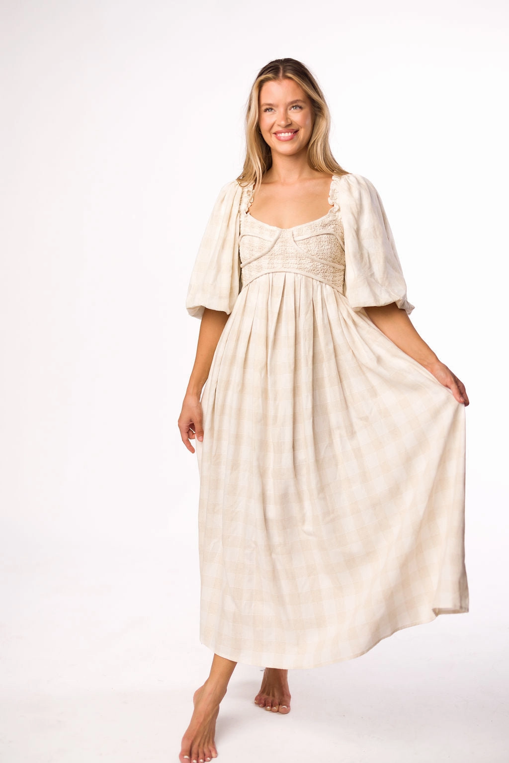 Harlow Maxi Dress in Natural Plaid - Bump Friendly Slim Touch