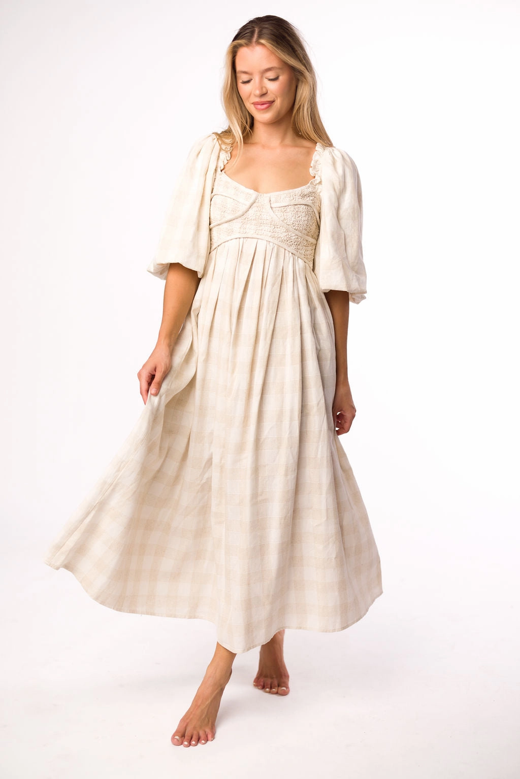 Harlow Maxi Dress in Natural Plaid - Bump Friendly Soft Wear