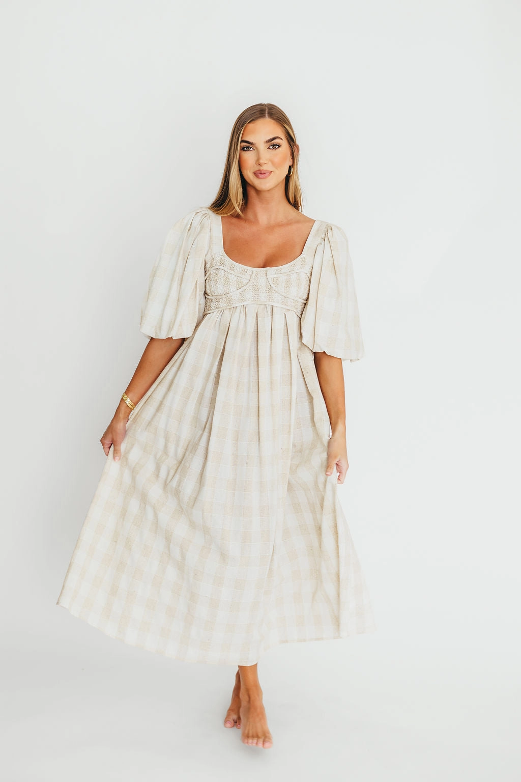 Artistic Edge Soft And Comfortable Harlow Maxi Dress in Natural Plaid - Bump Friendly