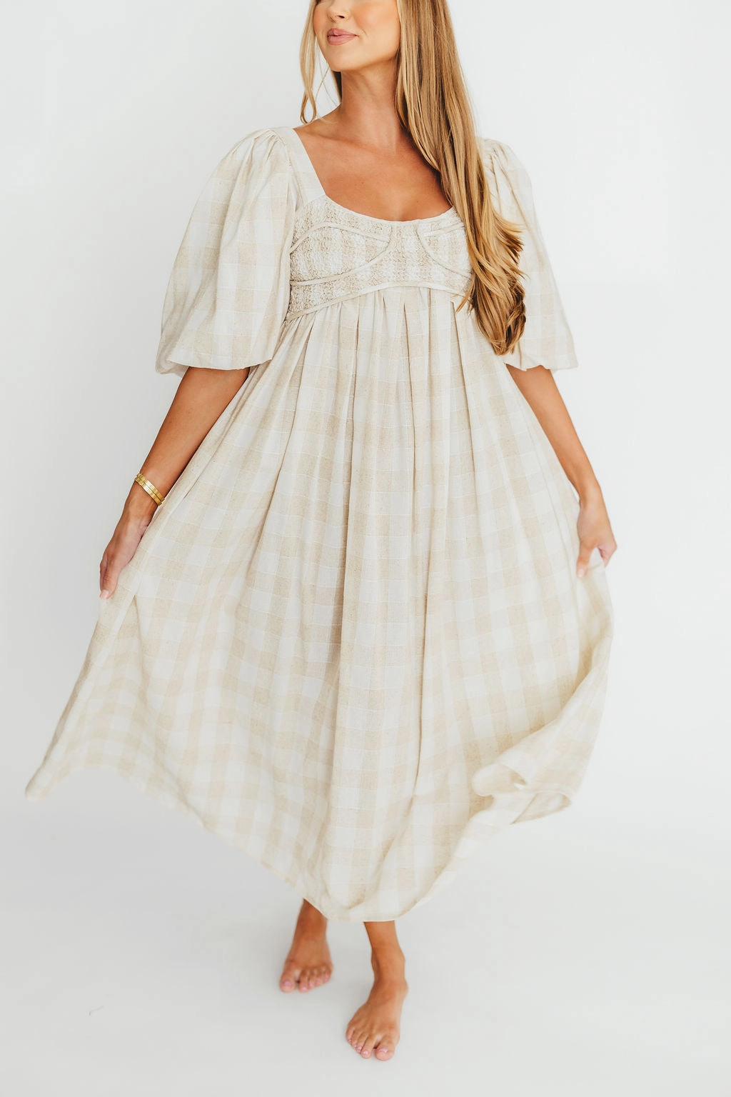Harlow Maxi Dress in Natural Plaid - Bump Friendly Timeless Appeal Feminine Design