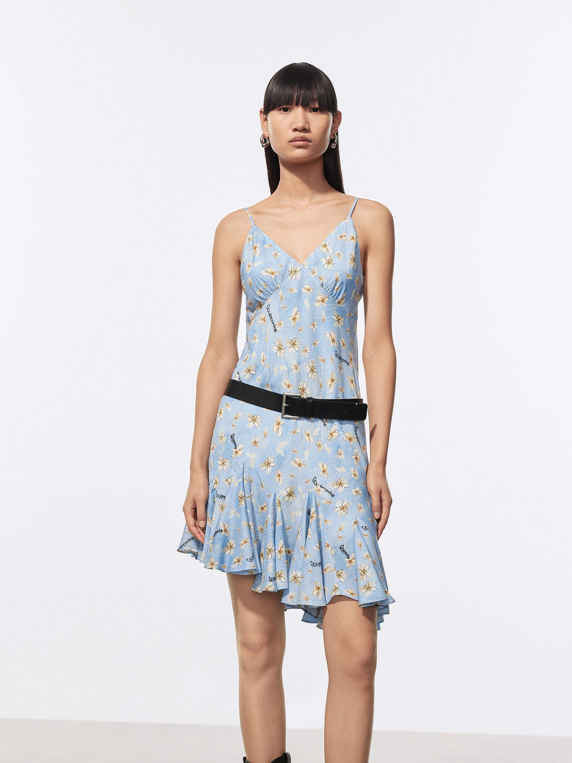 Daisy Print Mini Dress Button-Cuff Youthful Look
