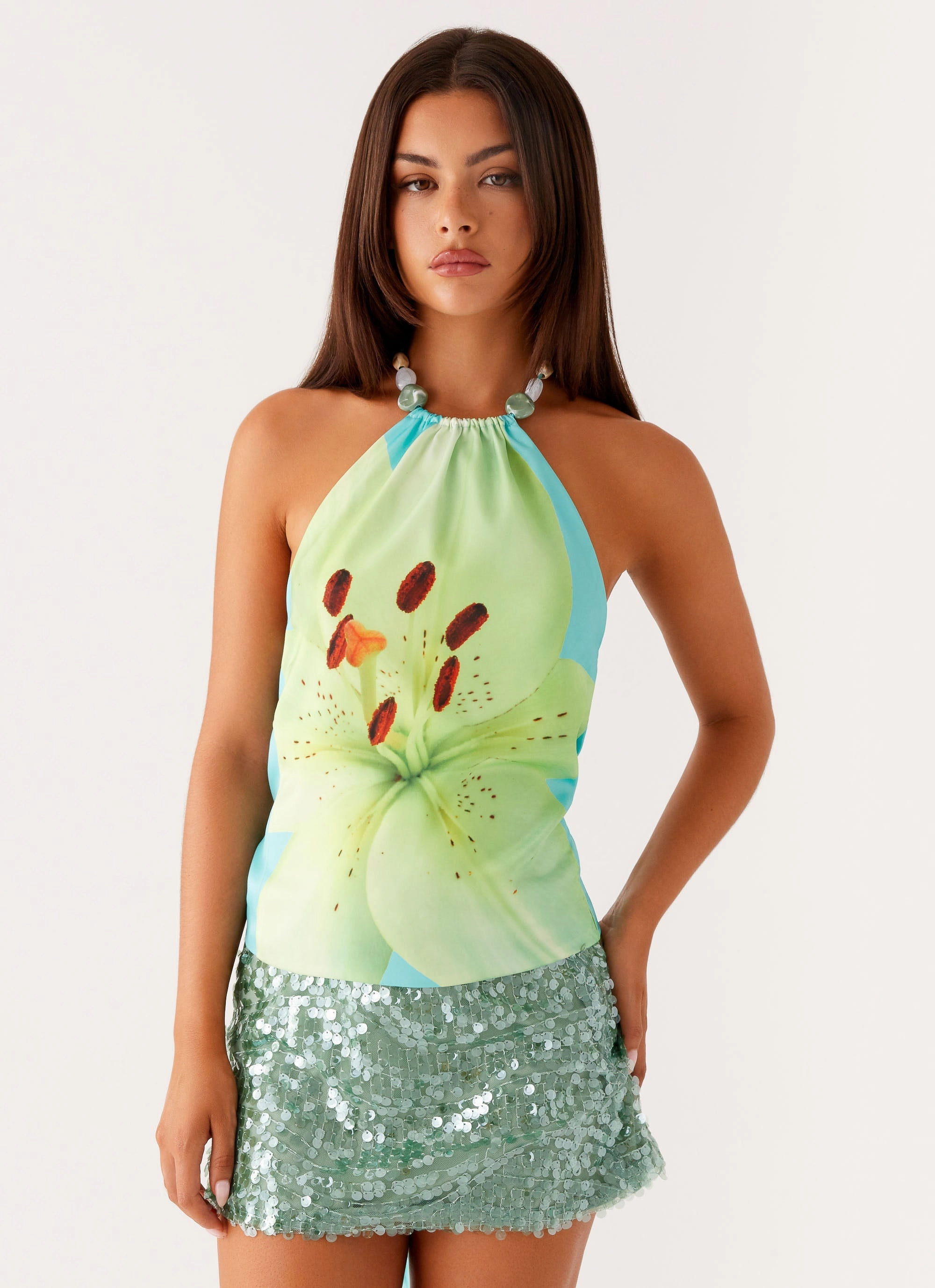 Dalila Beaded Tie Back Top - Turquoise Floral Athletic Cut