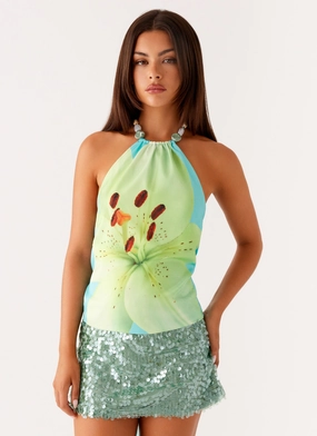Dalila Beaded Tie Back Top - Turquoise Floral Athletic Cut