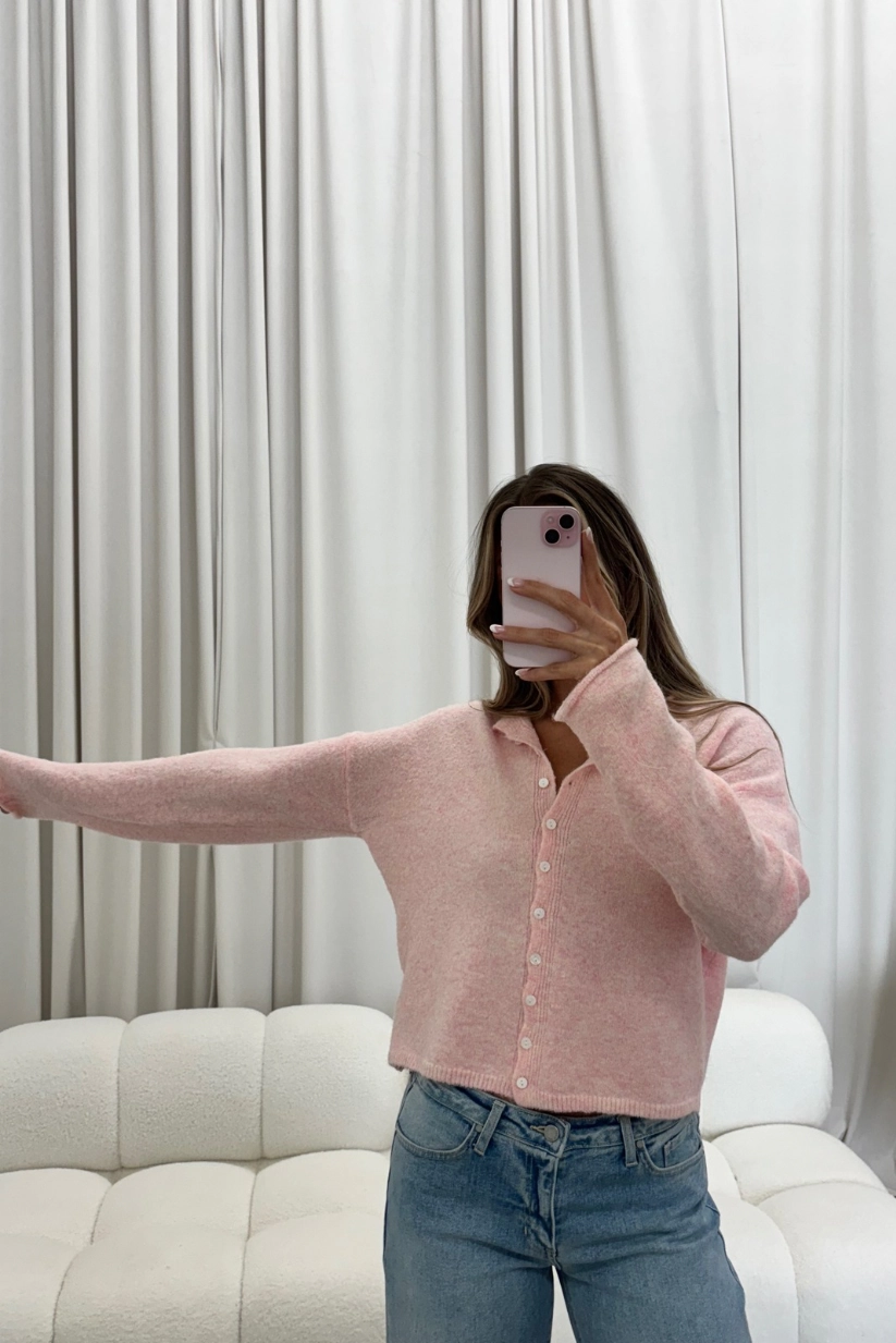 Plush Inner Lining Classic Comfort Dani Classic Lightweight Button Down Cardigan Top in Sherbet