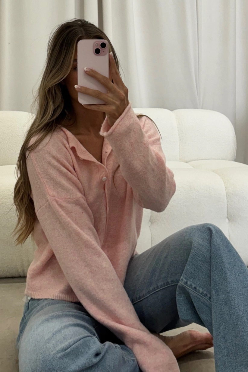 Dani Classic Lightweight Button Down Cardigan Top in Sherbet Smart Fashion Cozy Thermal