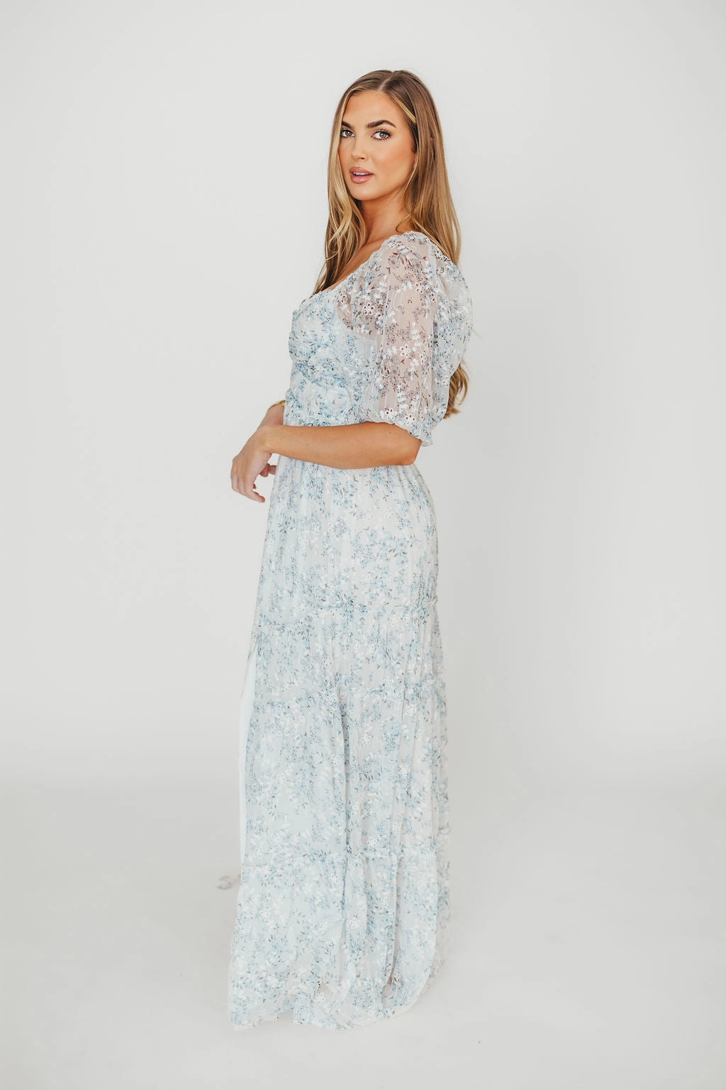 Daphne High Slit Eyelet Detail Maxi Dress in Blue and White Floral - Inclusive Sizing Seasonal Layering