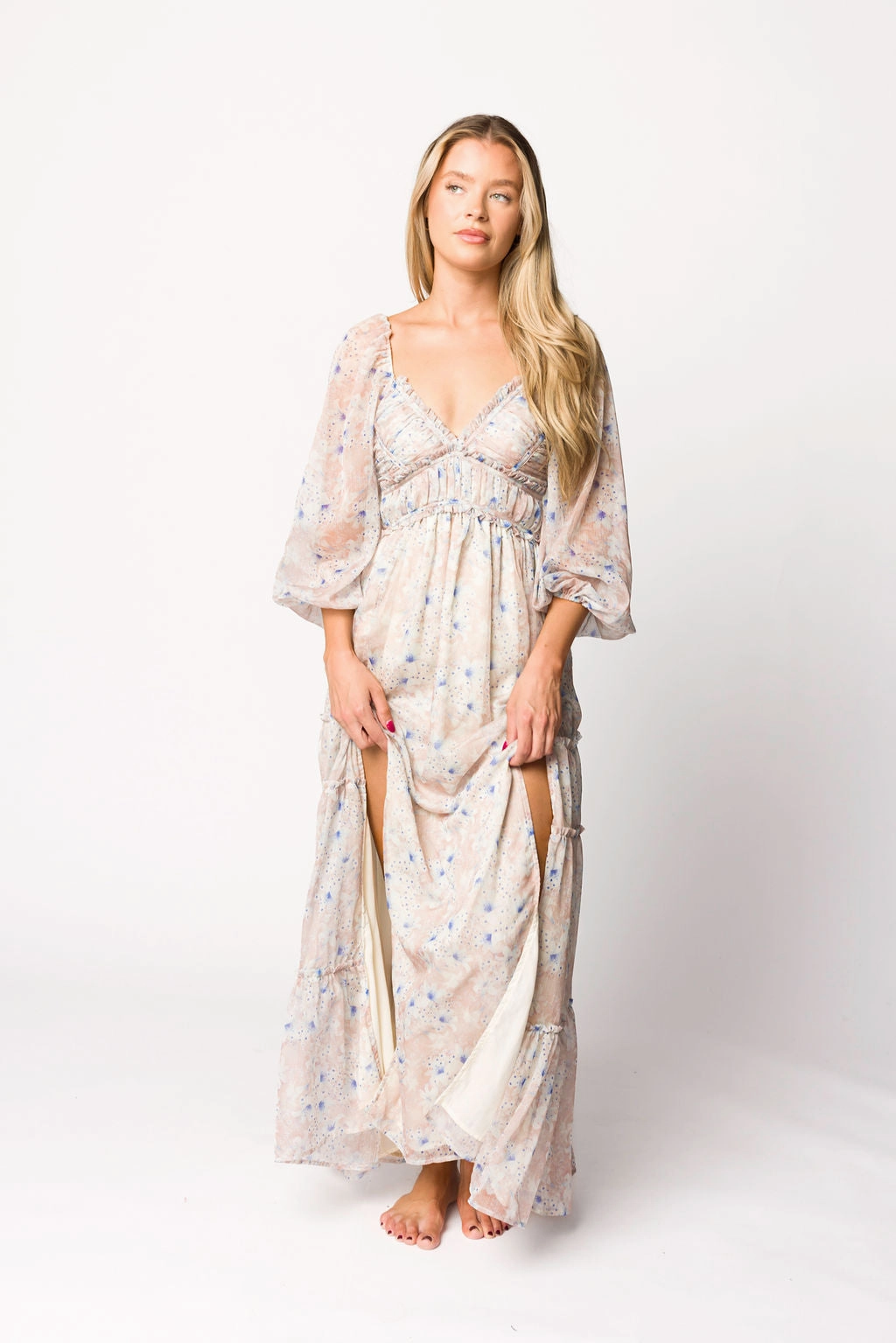 Daphne Long Sleeve Maxi Dress in Beige/Blue Floral - Bump Friendly & Inclusive Sizing (XS-3XL) Balanced Light