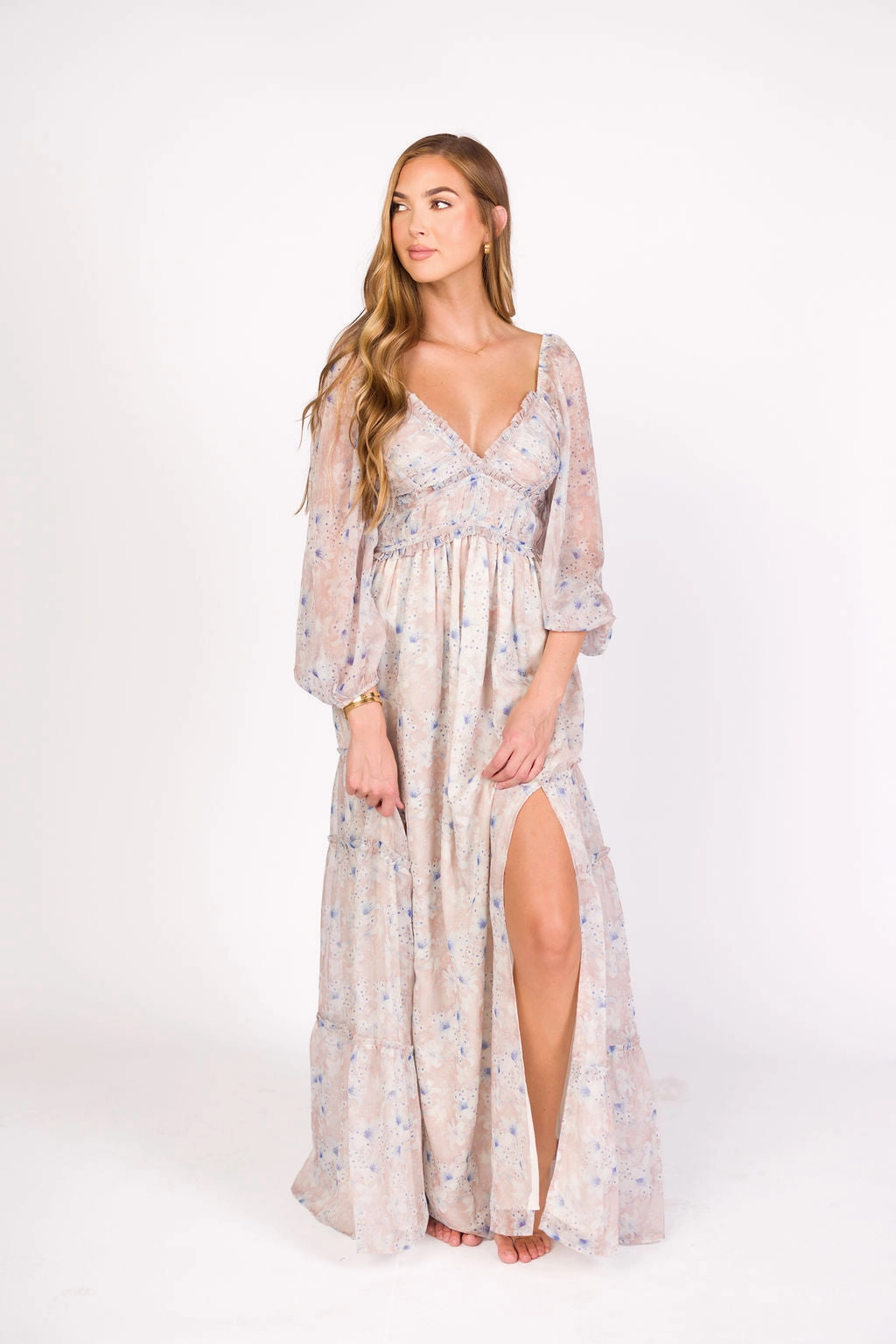 Versatile party outfit Feminine Touch Daphne Long Sleeve Maxi Dress in Beige/Blue Floral - Bump Friendly & Inclusive Sizing (XS-3XL)