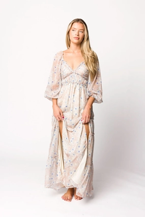 Daphne Long Sleeve Maxi Dress in Beige/Blue Floral - Bump Friendly & Inclusive Sizing (XS-3XL) Balanced Light